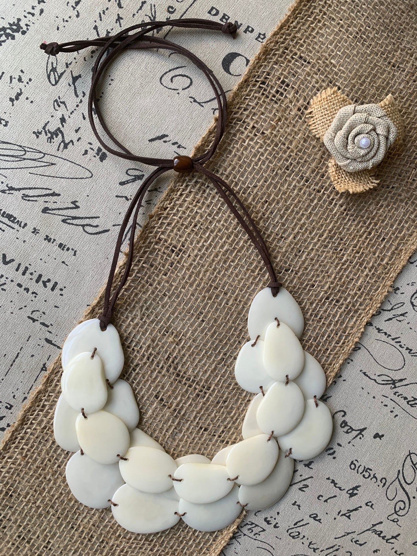 Ivory white layered statement tagua necklace 14 year Ivory anniversary gift for wife Beaded necklace with leather strap Big bold chunky bib