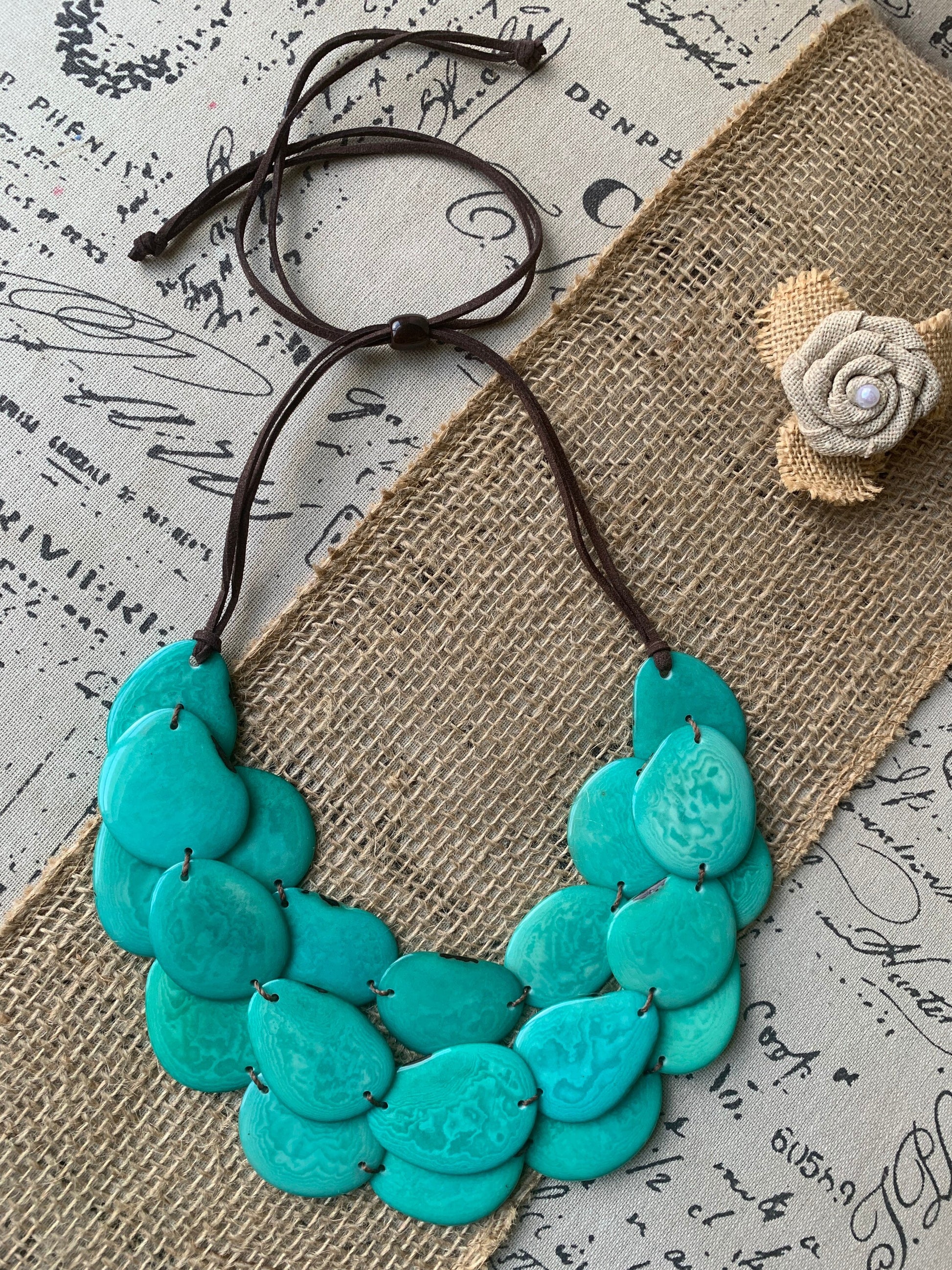 Turquoise green layered statement necklace Tagua jewelry Big bold chunky bib necklace Beaded necklace with leather strap Fall fashion trends
