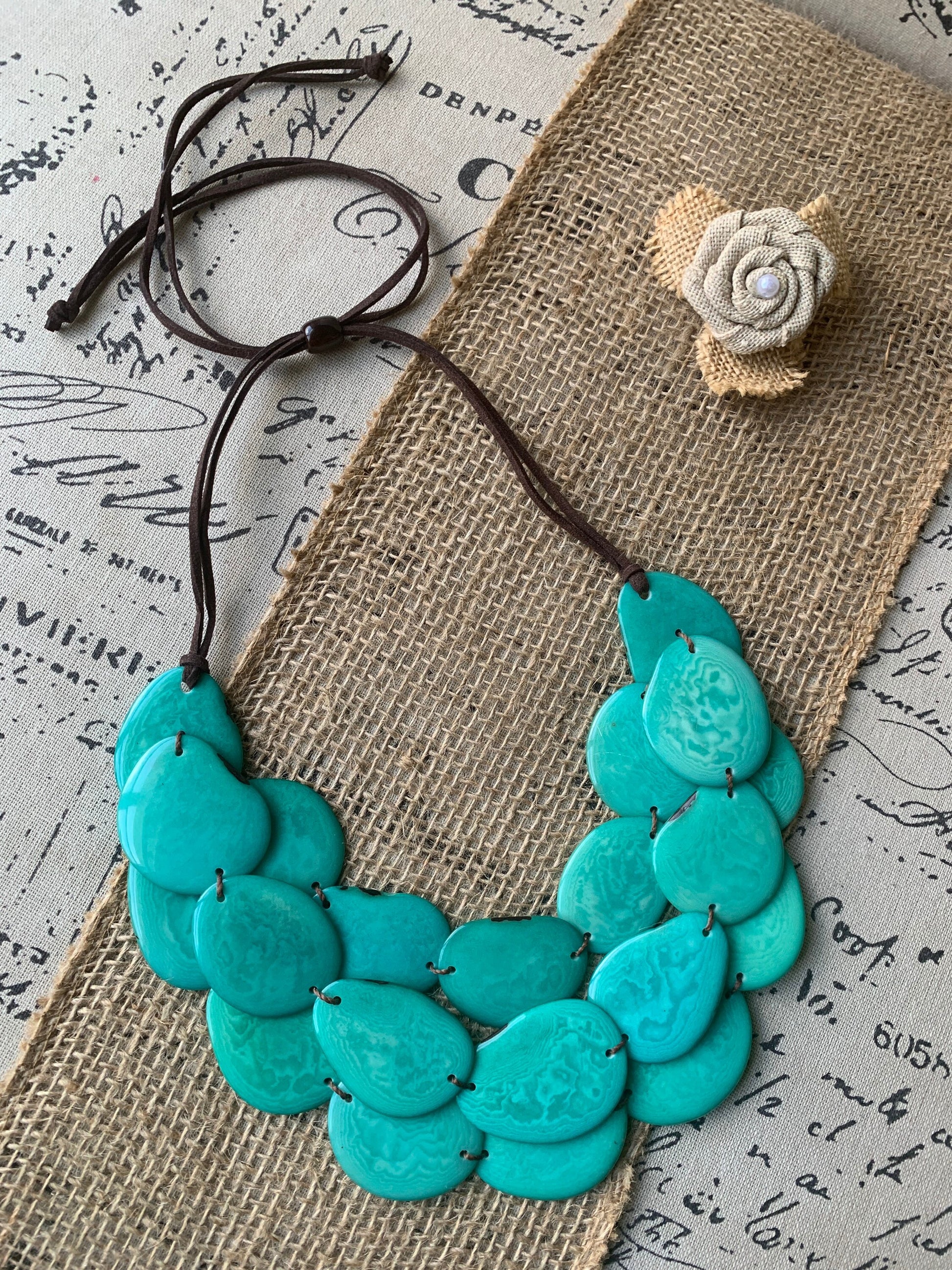Turquoise green layered statement necklace Tagua jewelry Big bold chunky bib necklace Beaded necklace with leather strap Fall fashion trends