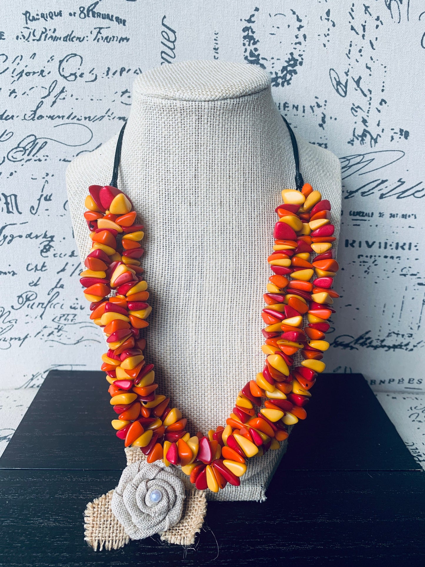 Orange yellow red beaded statement necklace Statement Tagua Necklace Spring adjustable bib Big bold chunky collar Mothers Day gifts