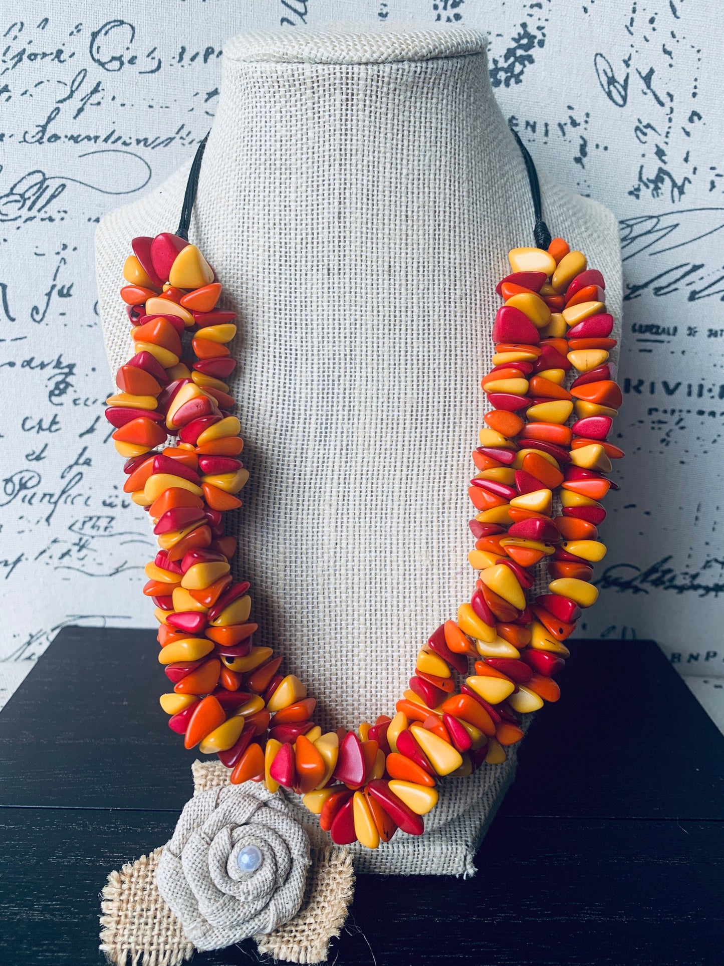 Orange yellow red beaded statement necklace Statement Tagua Necklace Spring adjustable bib Big bold chunky collar Mothers Day gifts