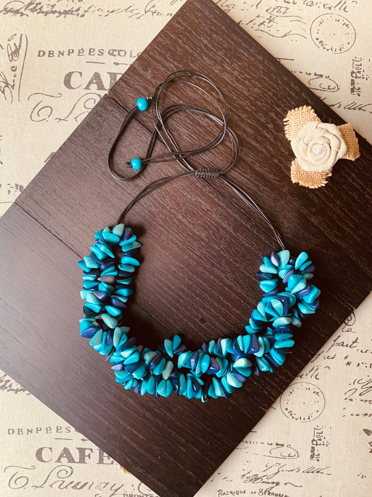 Turquoise blue beaded statement necklace Big bold chunky collar Tagua Necklace Fall adjustable bib Beach style trends Christmas gifts