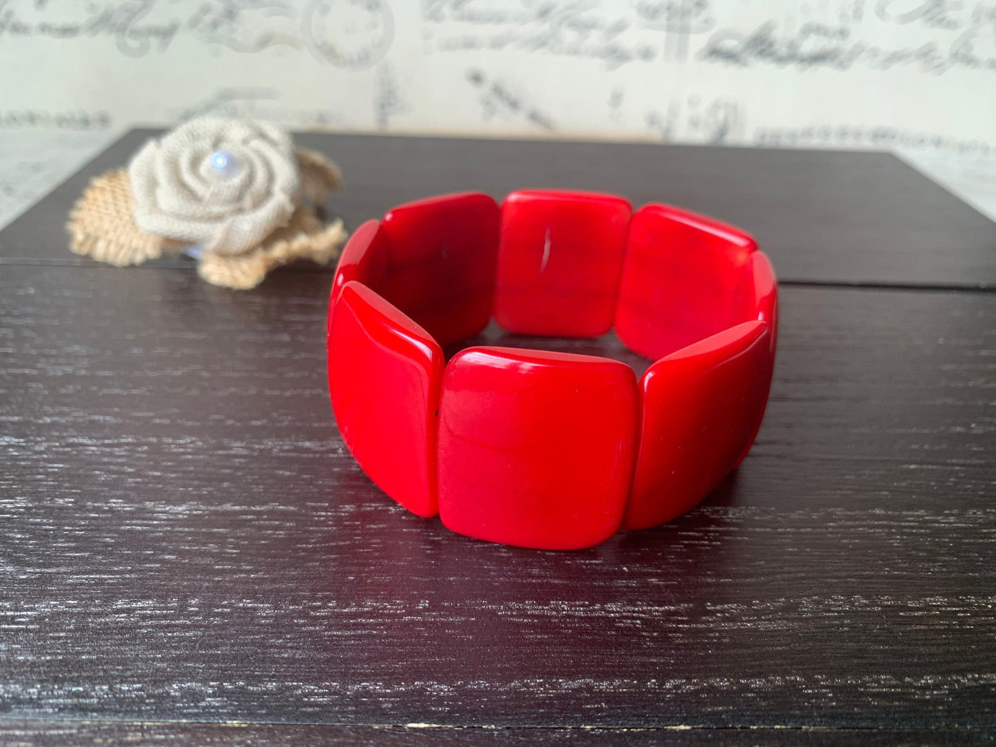 Red statement bracelet Tagua nut jewelry Big bold bangle Spring fashion Wide cuff bangle Beaded stretch bracelet Elastic bangle Organic