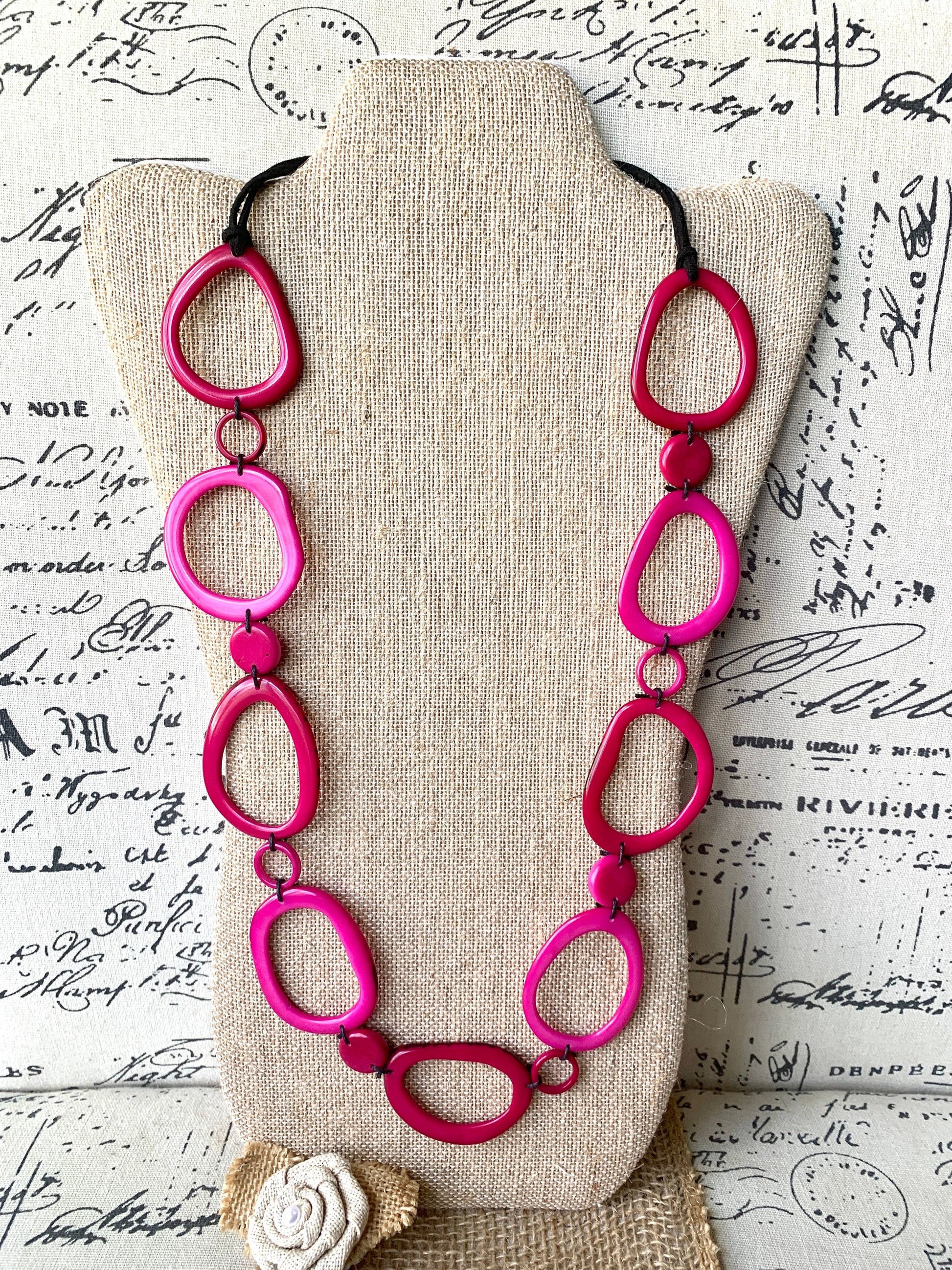 Pink tagua necklace Statement geometric jewelry Mothers Day gifts Handmade donut shape beads Anniversary gift Spring trendy fashion