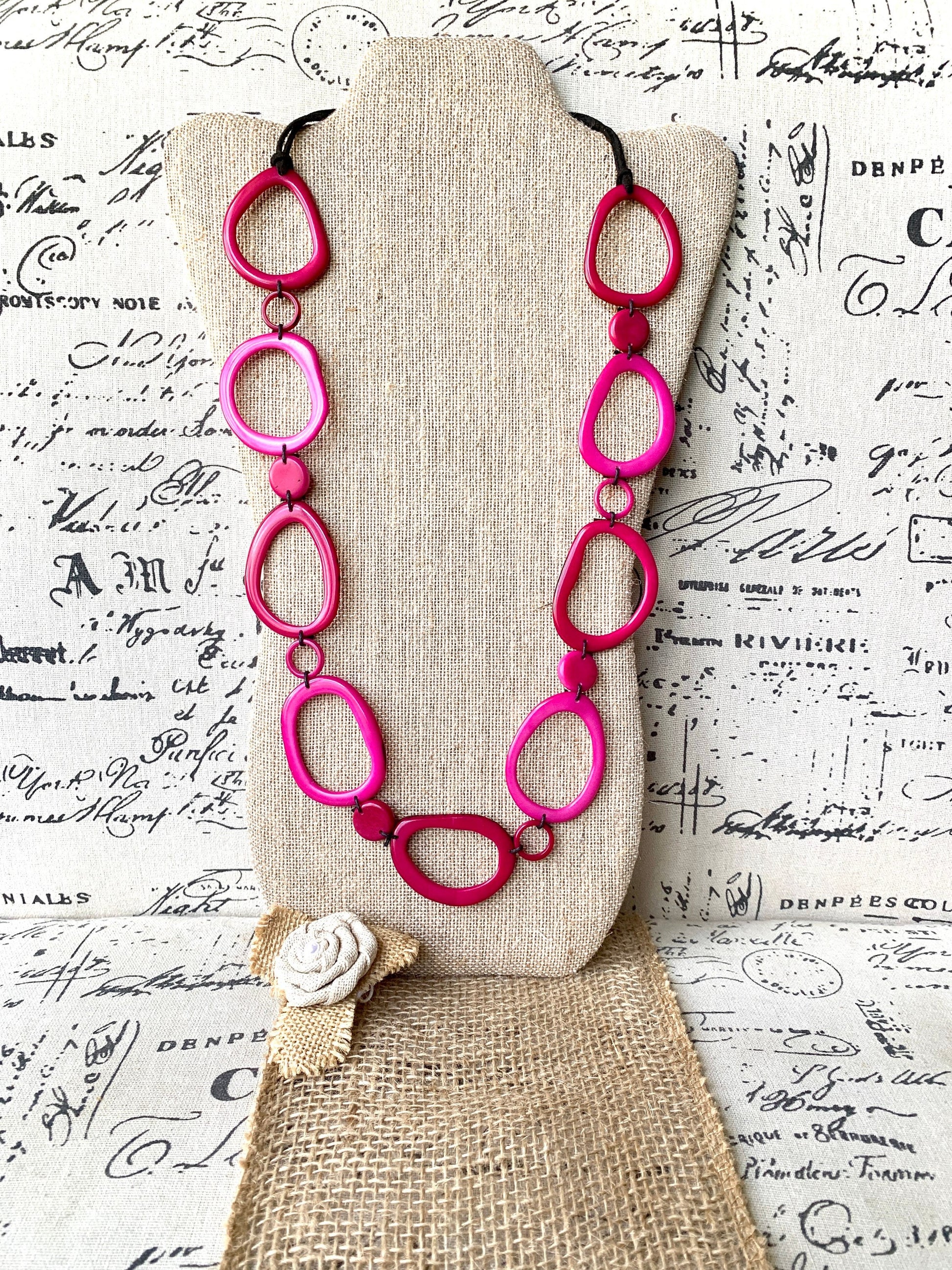 Pink tagua necklace Statement geometric jewelry Mothers Day gifts Handmade donut shape beads Anniversary gift Spring trendy fashion