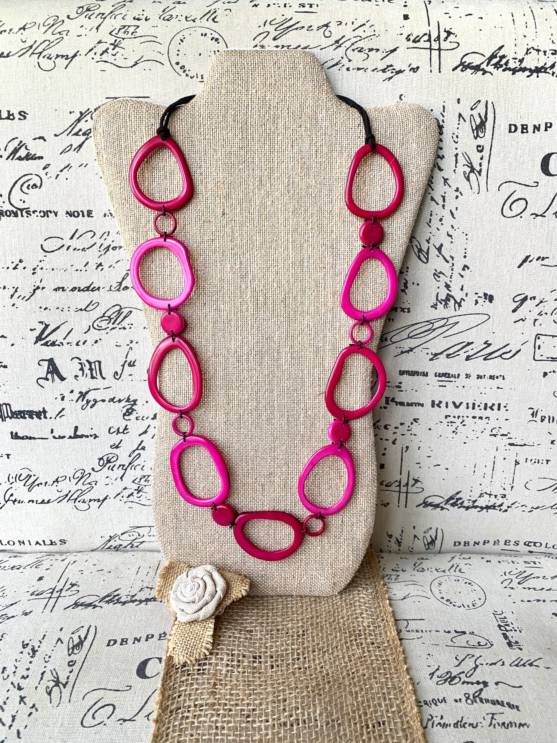 Pink tagua necklace Statement geometric jewelry Mothers Day gifts Handmade donut shape beads Anniversary gift Spring trendy fashion