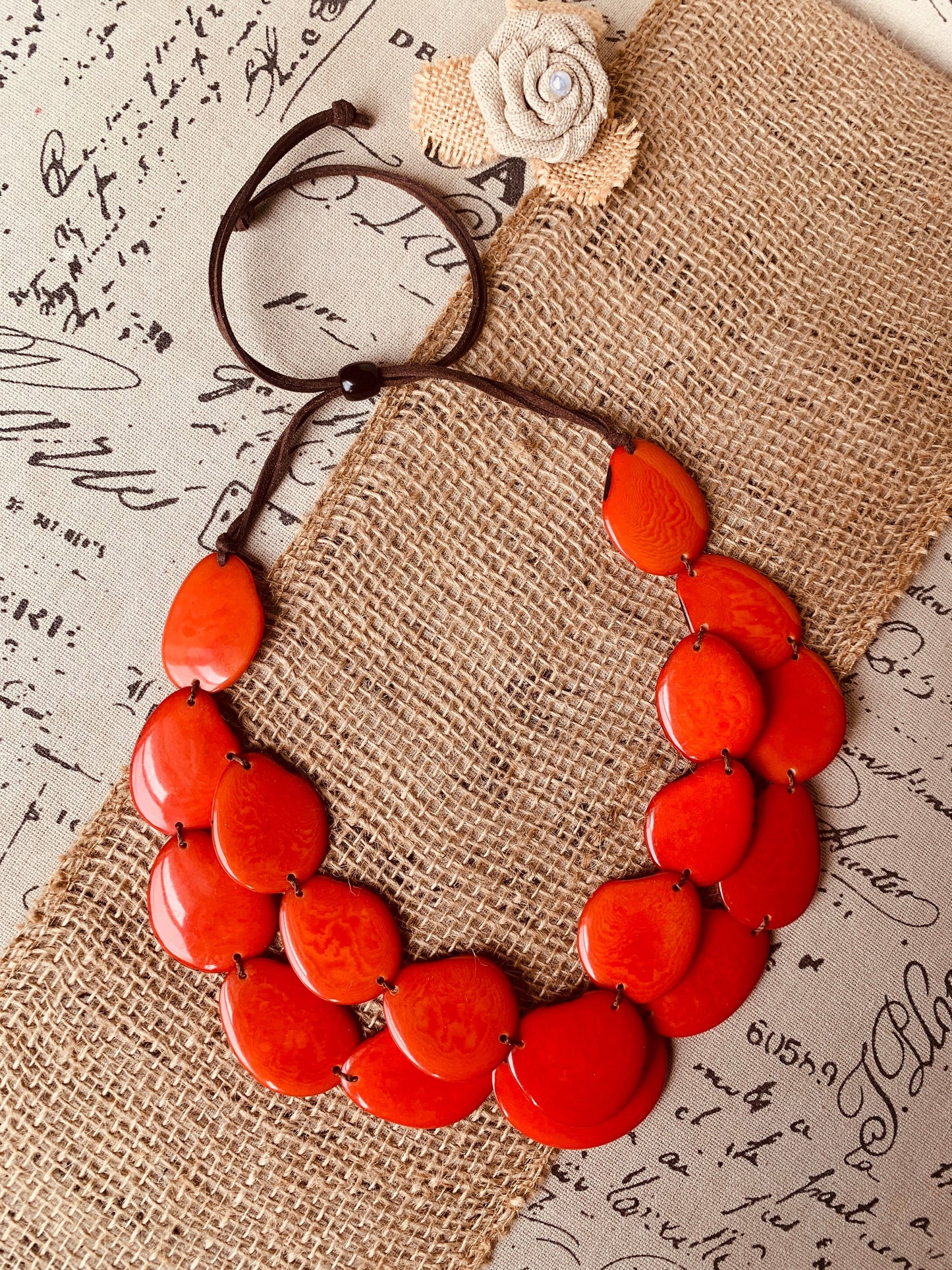 Burnt orange statement necklace Tagua jewelry Double layer bib Big bold chunky necklace Leather collar 2 two strand Wife anniversary gift