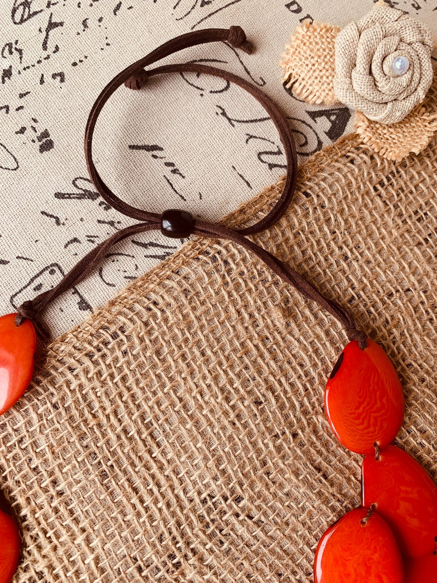 Burnt orange statement necklace Tagua jewelry Double layer bib Big bold chunky necklace Leather collar 2 two strand Wife anniversary gift