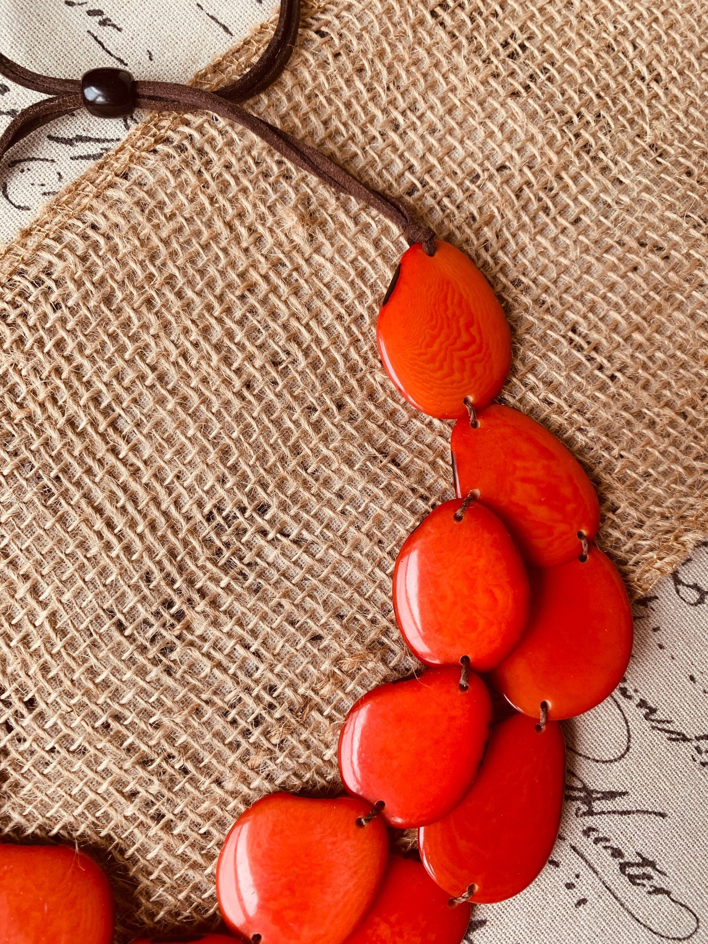 Burnt orange statement necklace Tagua jewelry Double layer bib Big bold chunky necklace Leather collar 2 two strand Wife anniversary gift