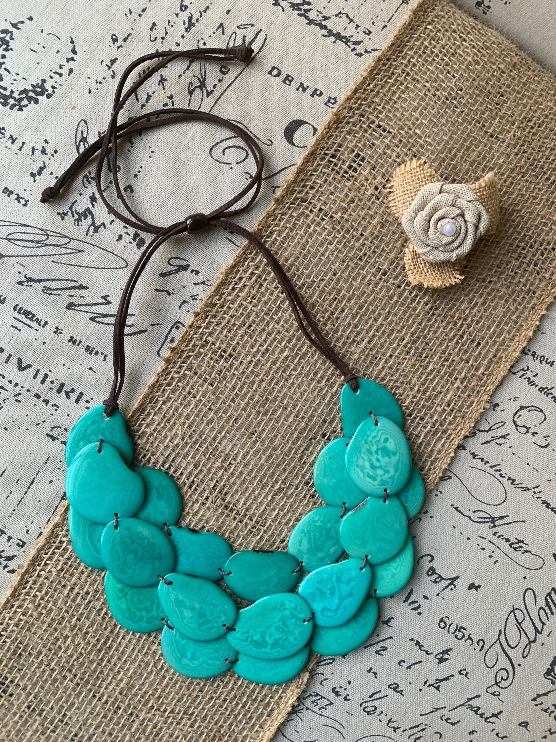 Turquoise green layered statement necklace Tagua jewelry Big bold chunky bib necklace Beaded necklace with leather strap Fall fashion trends