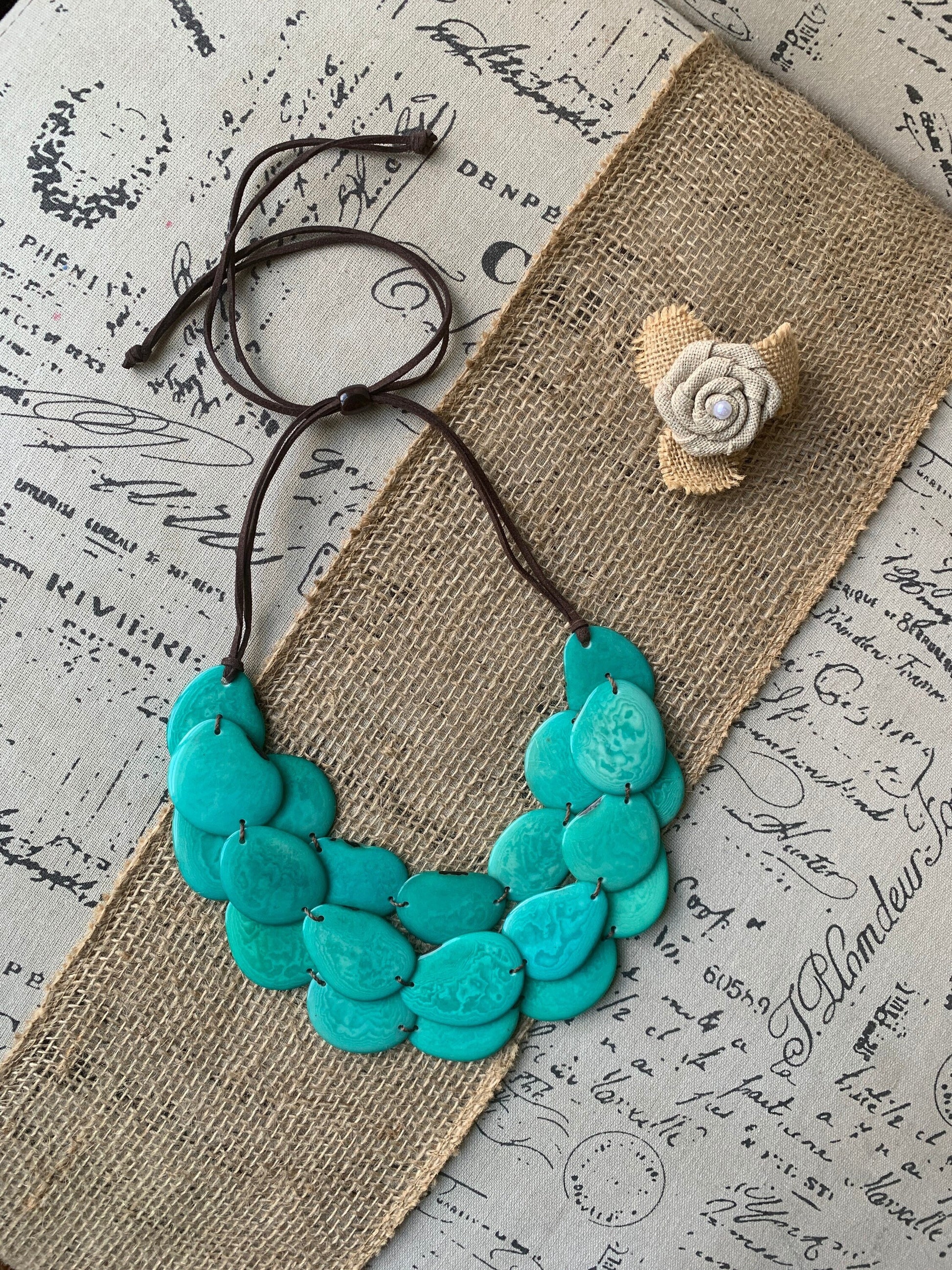 Turquoise green layered statement necklace Tagua jewelry Big bold chunky bib necklace Beaded necklace with leather strap Fall fashion trends