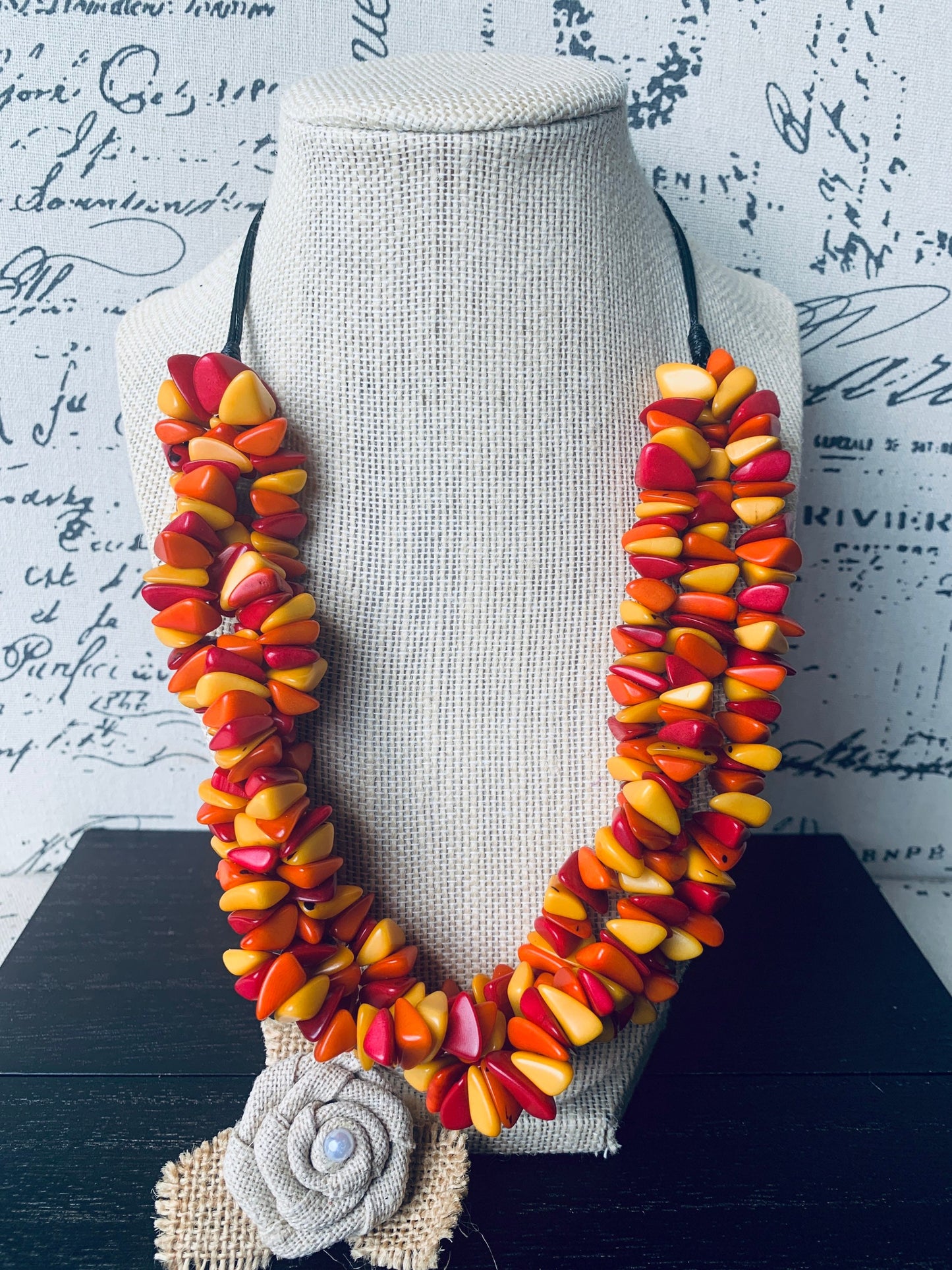 Orange yellow red beaded statement necklace Statement Tagua Necklace Spring adjustable bib Big bold chunky collar Mothers Day gifts