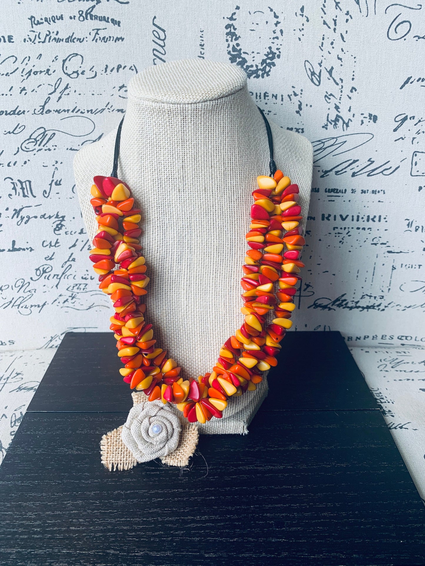 Orange yellow red beaded statement necklace Statement Tagua Necklace Spring adjustable bib Big bold chunky collar Mothers Day gifts