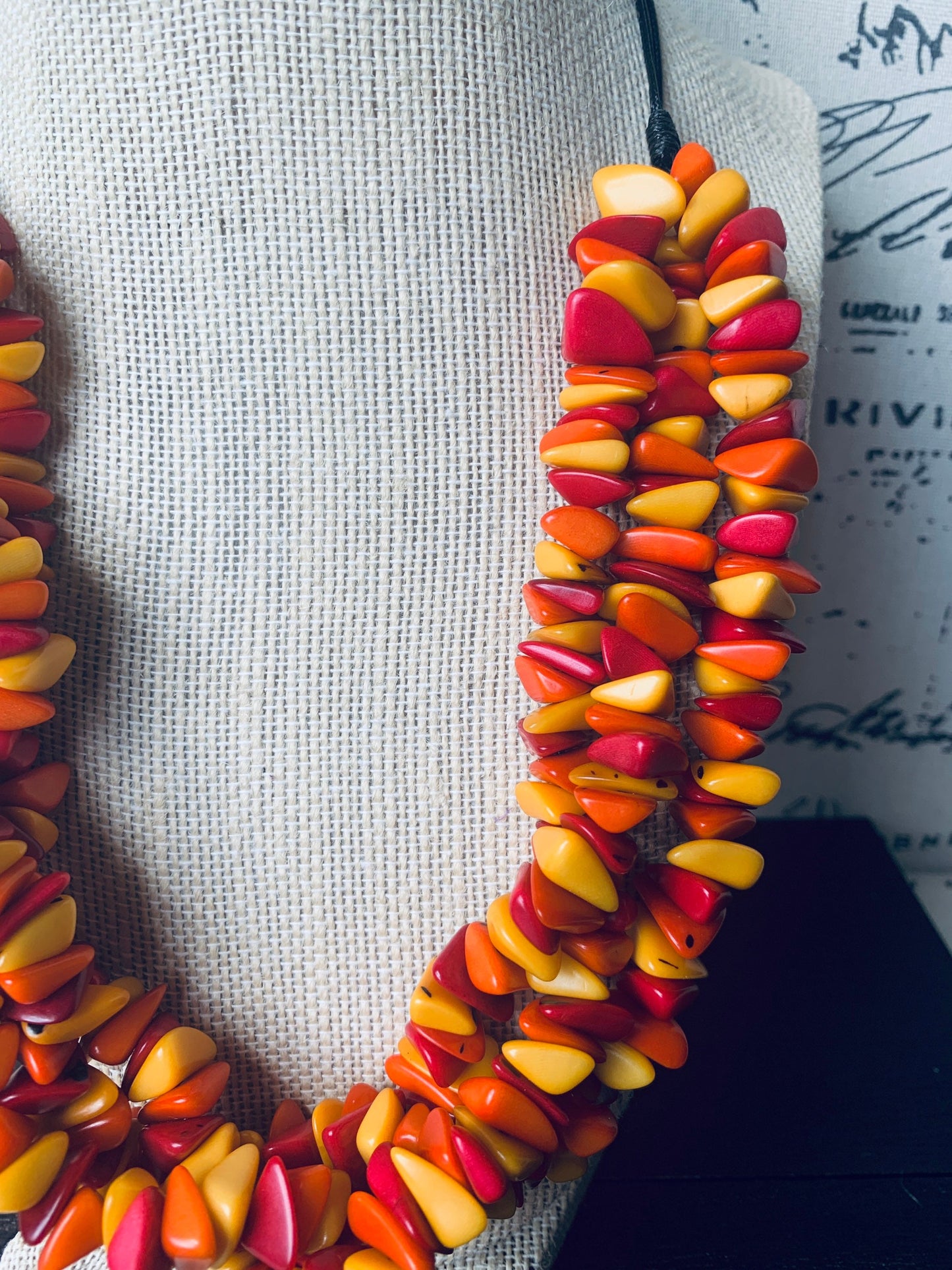 Orange yellow red beaded statement necklace Statement Tagua Necklace Spring adjustable bib Big bold chunky collar Mothers Day gifts