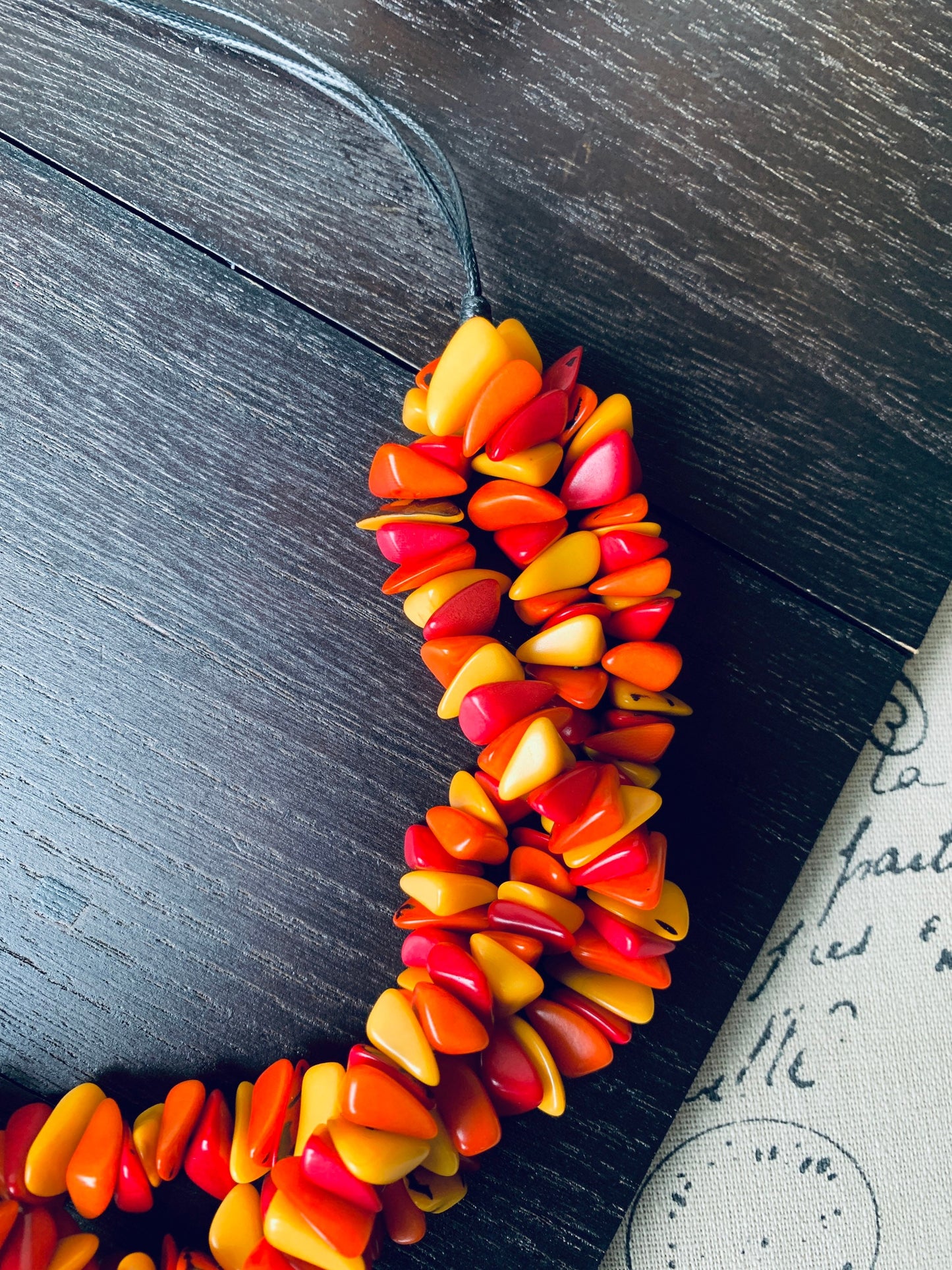 Orange yellow red beaded statement necklace Statement Tagua Necklace Spring adjustable bib Big bold chunky collar Mothers Day gifts