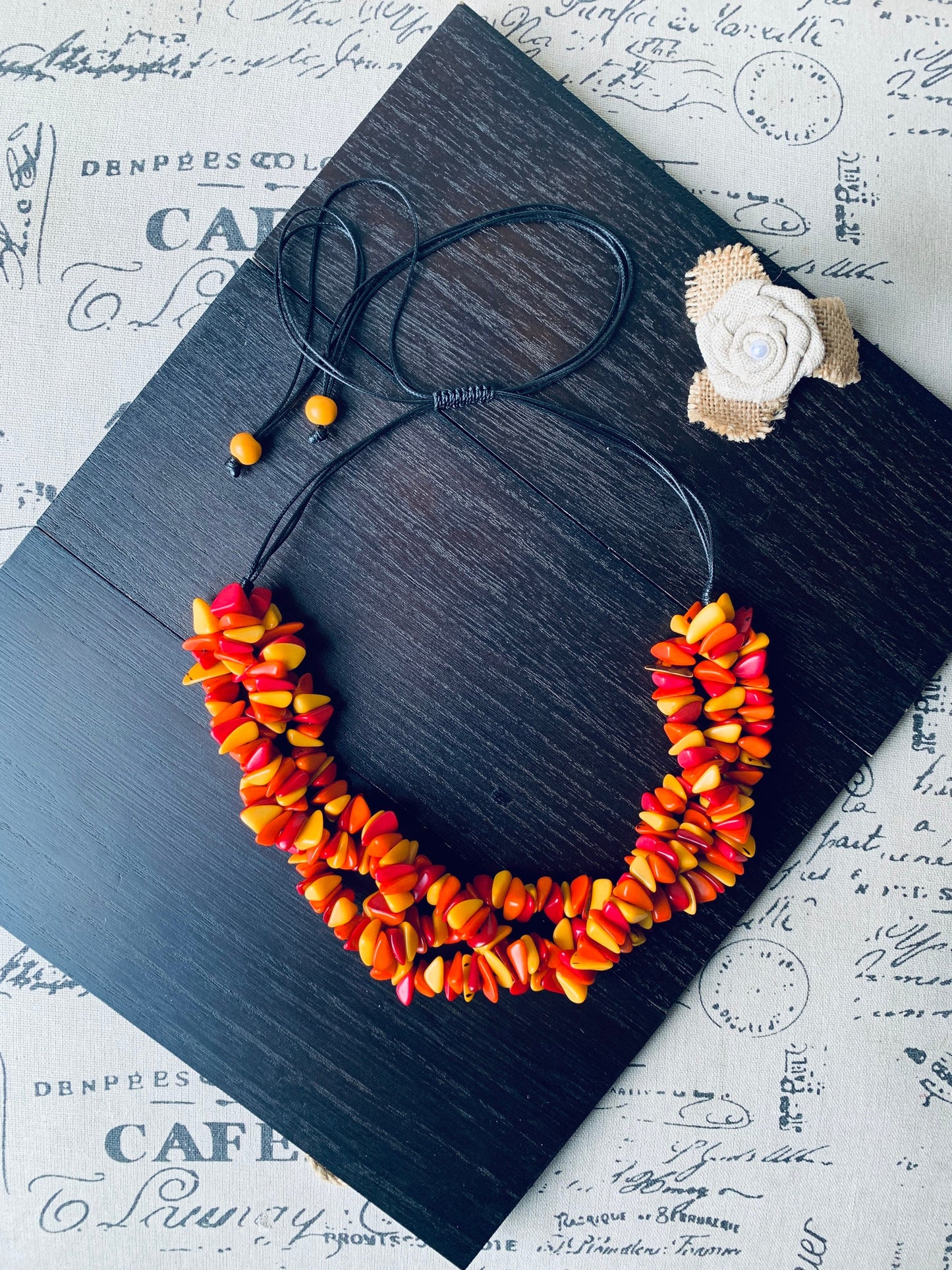 Orange yellow red beaded statement necklace Statement Tagua Necklace Spring adjustable bib Big bold chunky collar Mothers Day gifts