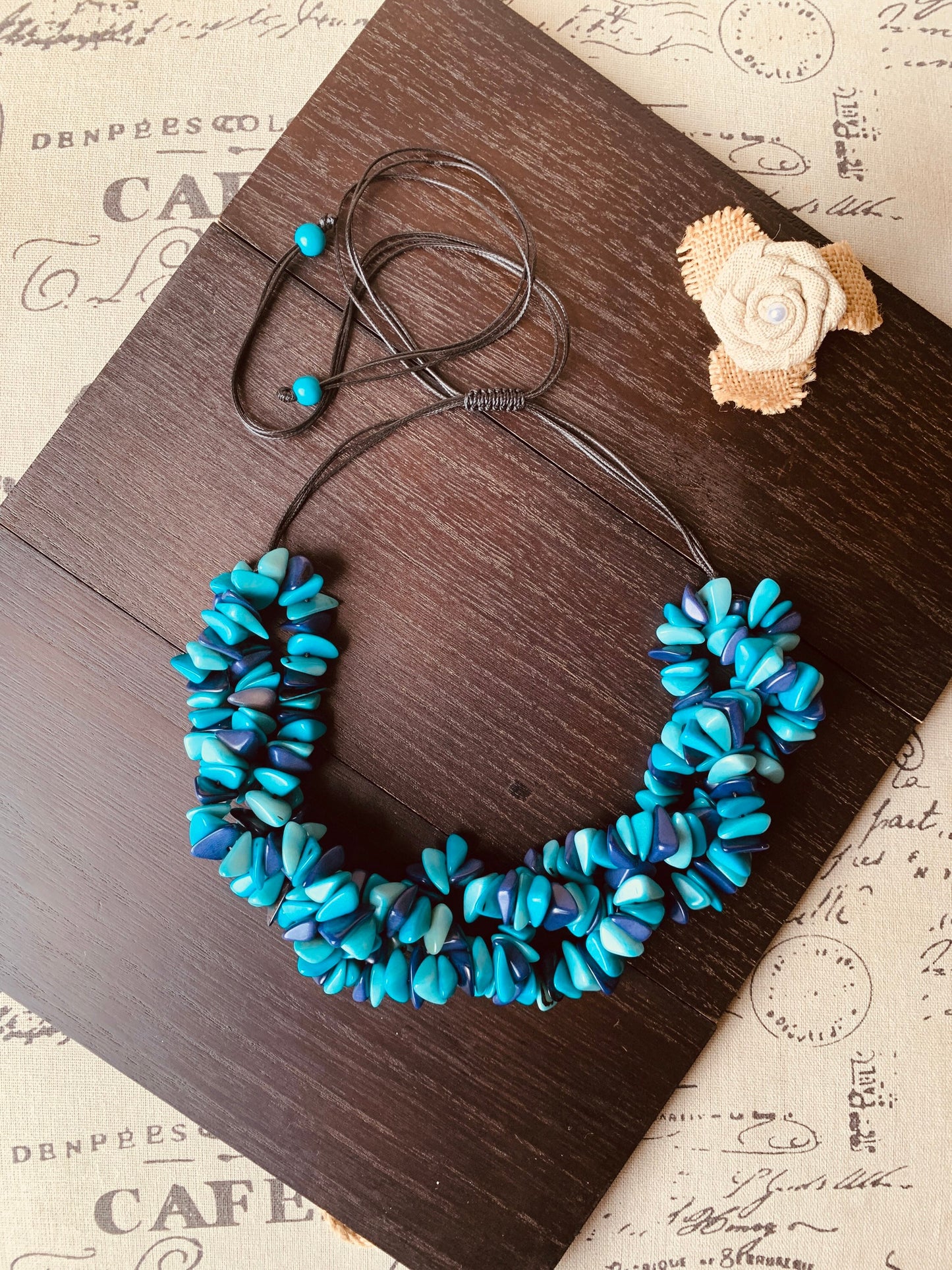 Turquoise blue beaded statement necklace Big bold chunky collar Tagua Necklace Fall adjustable bib Beach style trends Christmas gifts