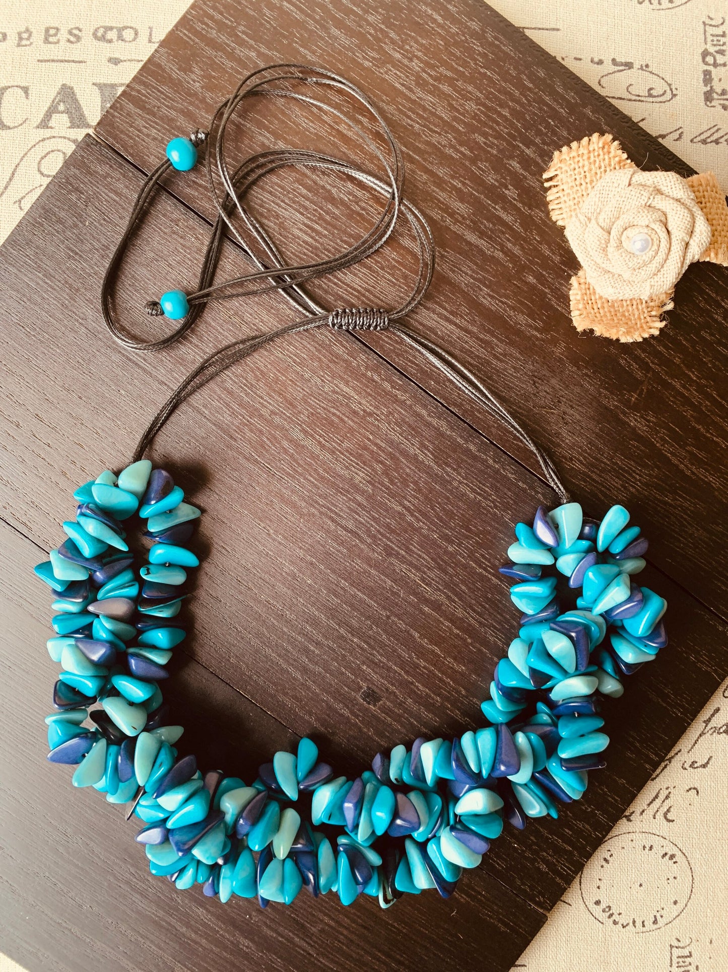 Turquoise blue beaded statement necklace Big bold chunky collar Tagua Necklace Fall adjustable bib Beach style trends Christmas gifts