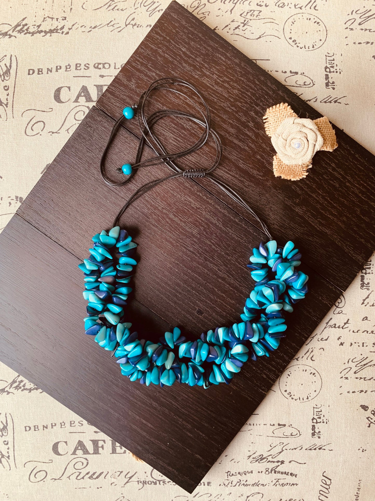 Turquoise blue beaded statement necklace Big bold chunky collar Tagua Necklace Fall adjustable bib Beach style trends Christmas gifts