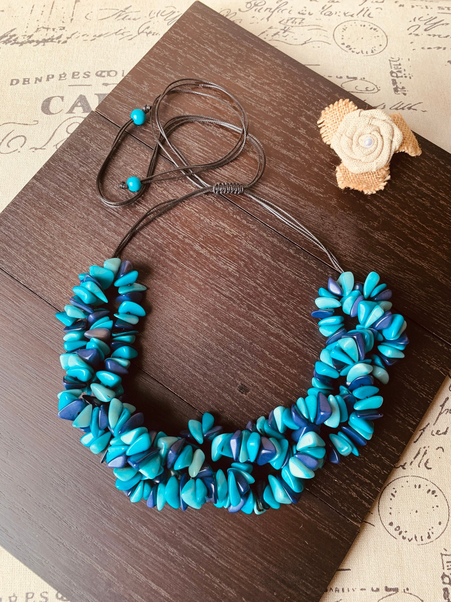 Turquoise blue beaded statement necklace Big bold chunky collar Tagua Necklace Fall adjustable bib Beach style trends Christmas gifts