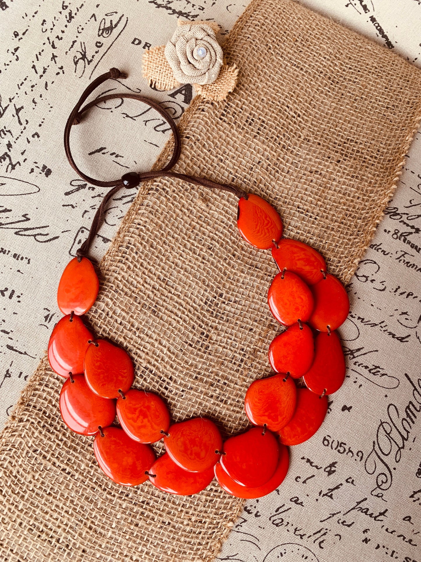 Burnt orange statement necklace Tagua jewelry Double layer bib Big bold chunky necklace Leather collar 2 two strand Wife anniversary gift