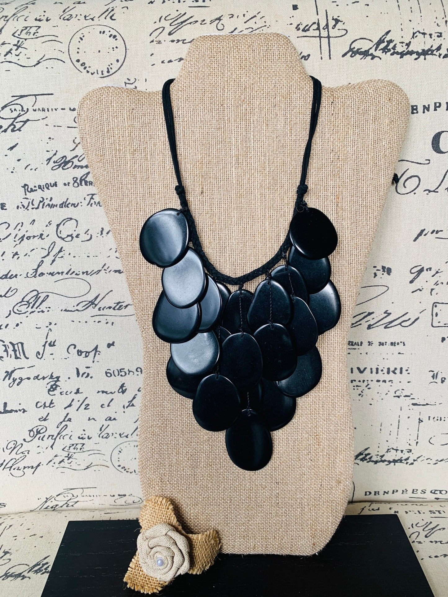 Black statement lightweight necklace Tagua jewelry Big bold chunky necklace Anniversary gift Fall trendy fashion Macrame adjustable bib