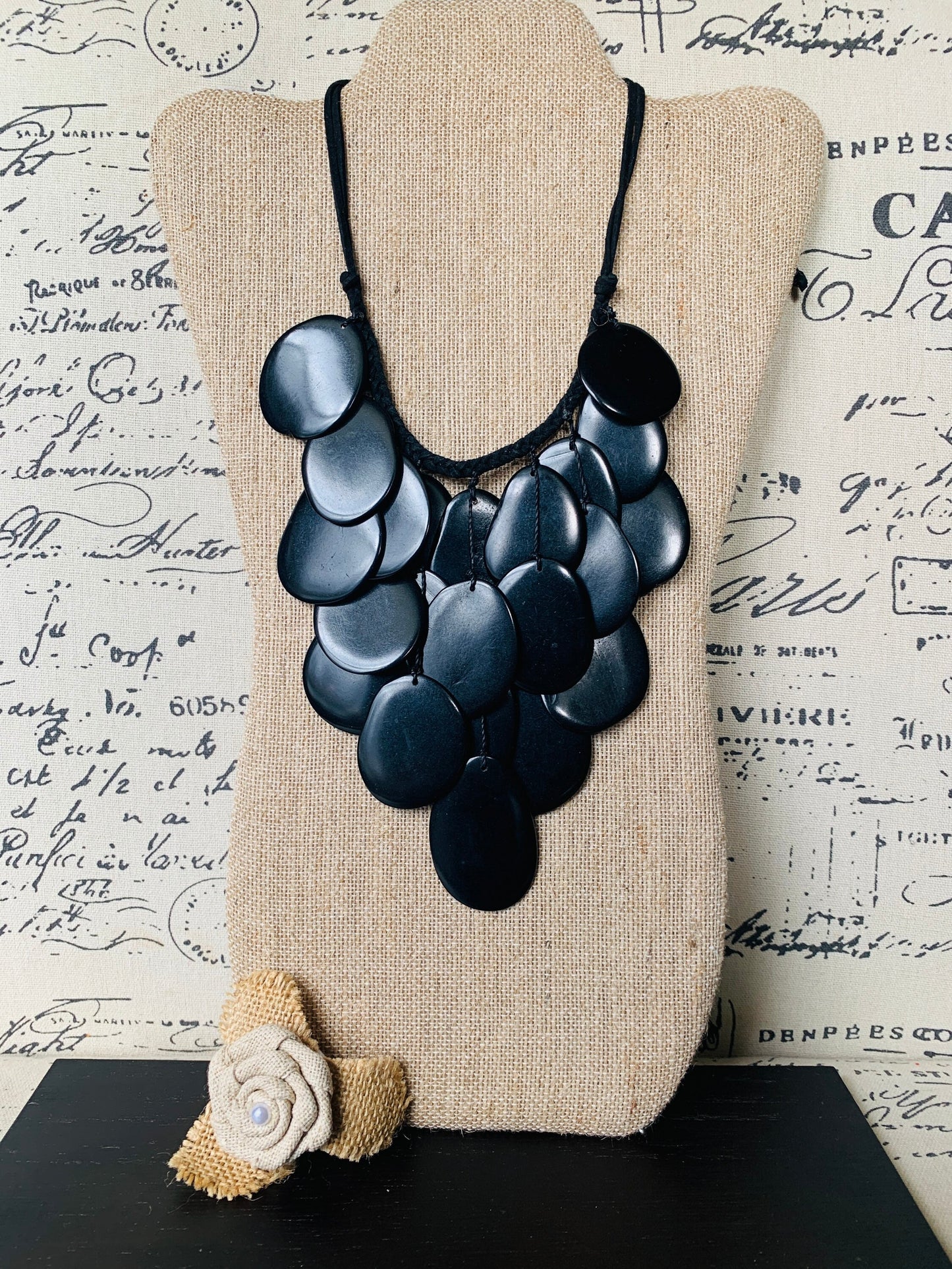 Black statement lightweight necklace Tagua jewelry Big bold chunky necklace Anniversary gift Fall trendy fashion Macrame adjustable bib