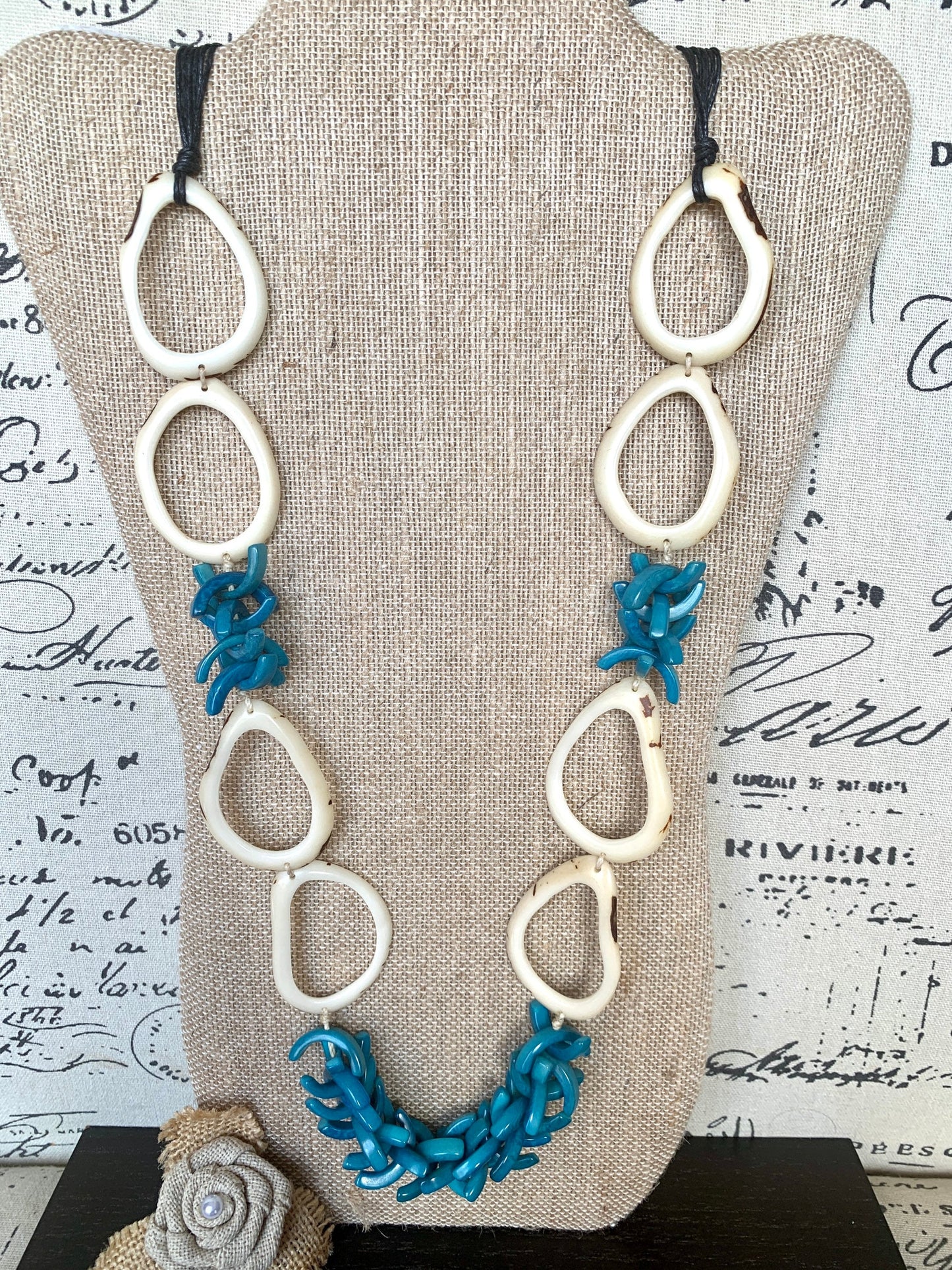 White and blue extra long Tagua necklace Spring style Statement lightweight jewelry Anniversary gift for wife Mothers day gift Easter outfit