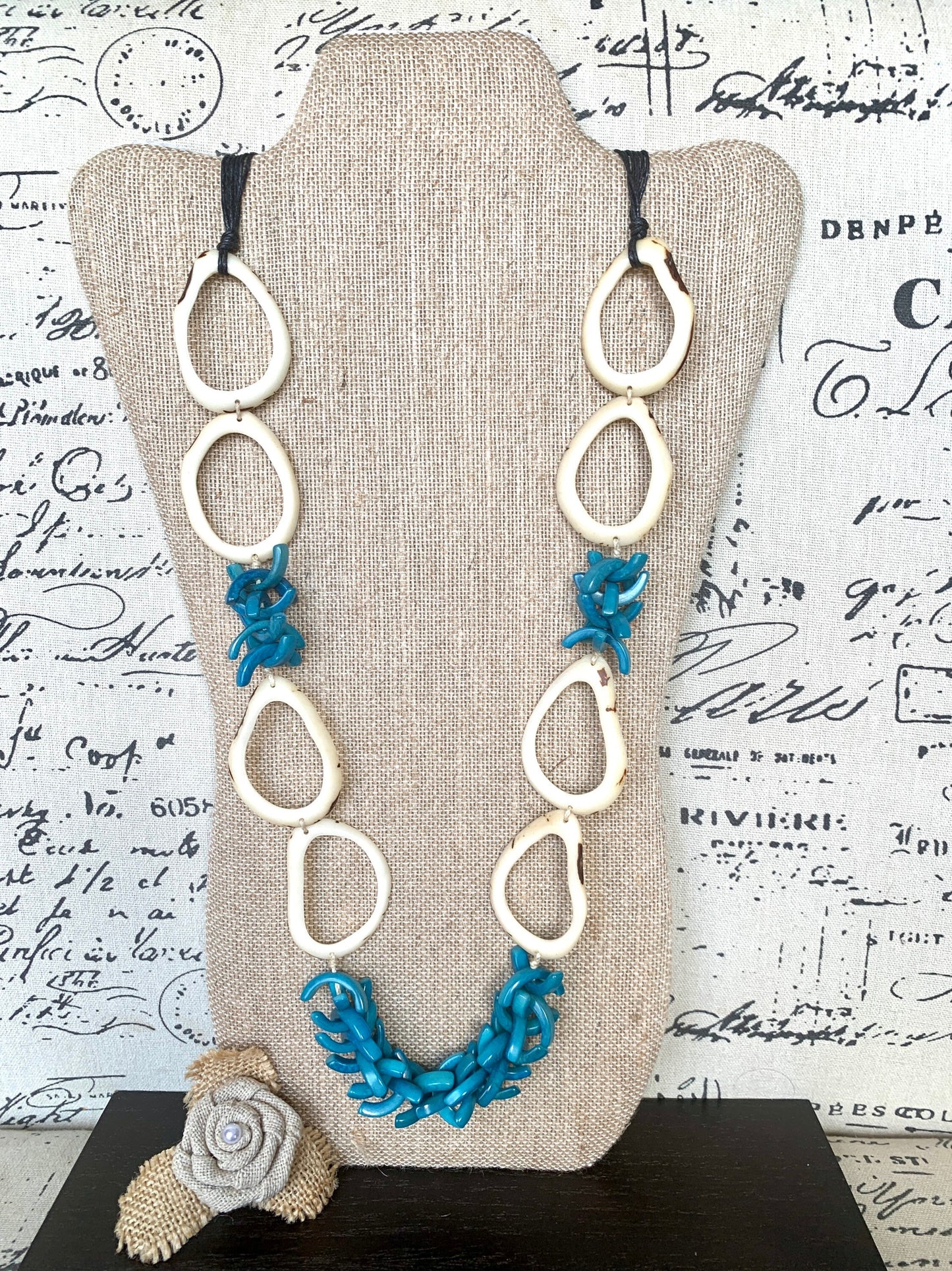 White and blue extra long Tagua necklace Spring style Statement lightweight jewelry Anniversary gift for wife Mothers day gift Easter outfit