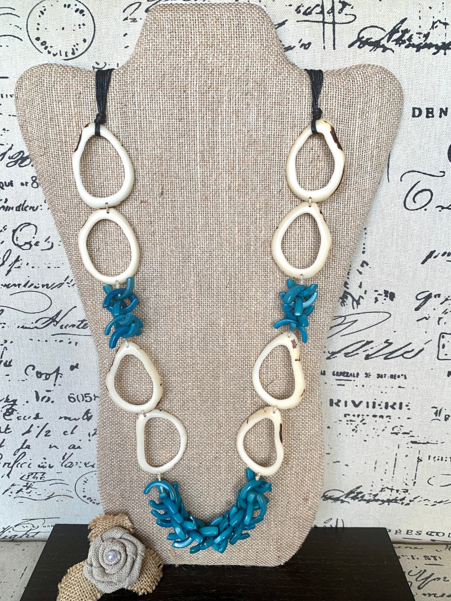White and blue extra long Tagua necklace Spring style Statement lightweight jewelry Anniversary gift for wife Mothers day gift Easter outfit