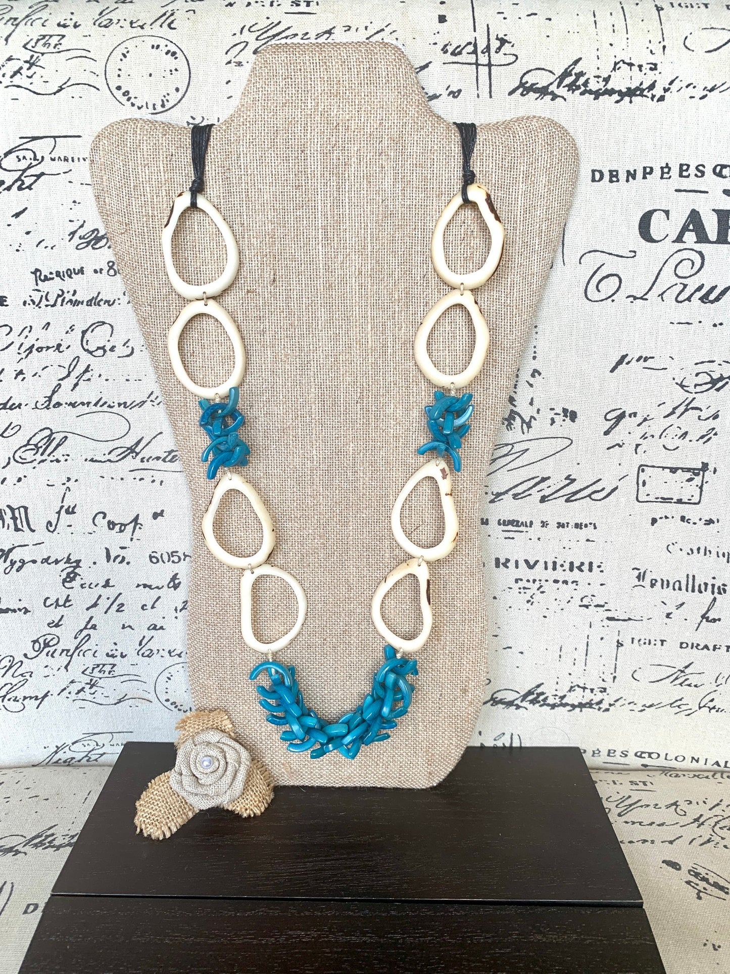 White and blue extra long Tagua necklace Spring style Statement lightweight jewelry Anniversary gift for wife Mothers day gift Easter outfit