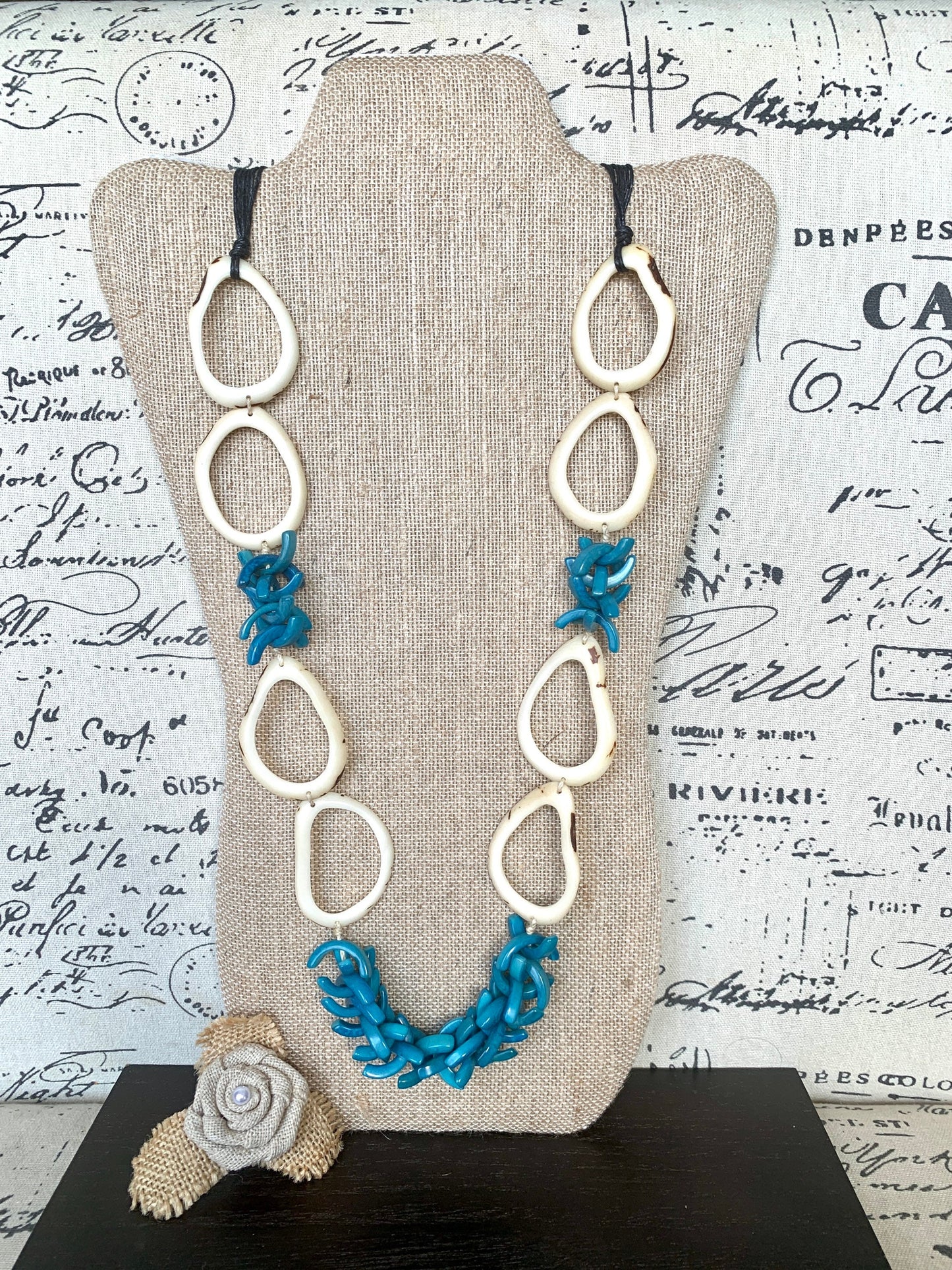 White and blue extra long Tagua necklace Spring style Statement lightweight jewelry Anniversary gift for wife Mothers day gift Easter outfit
