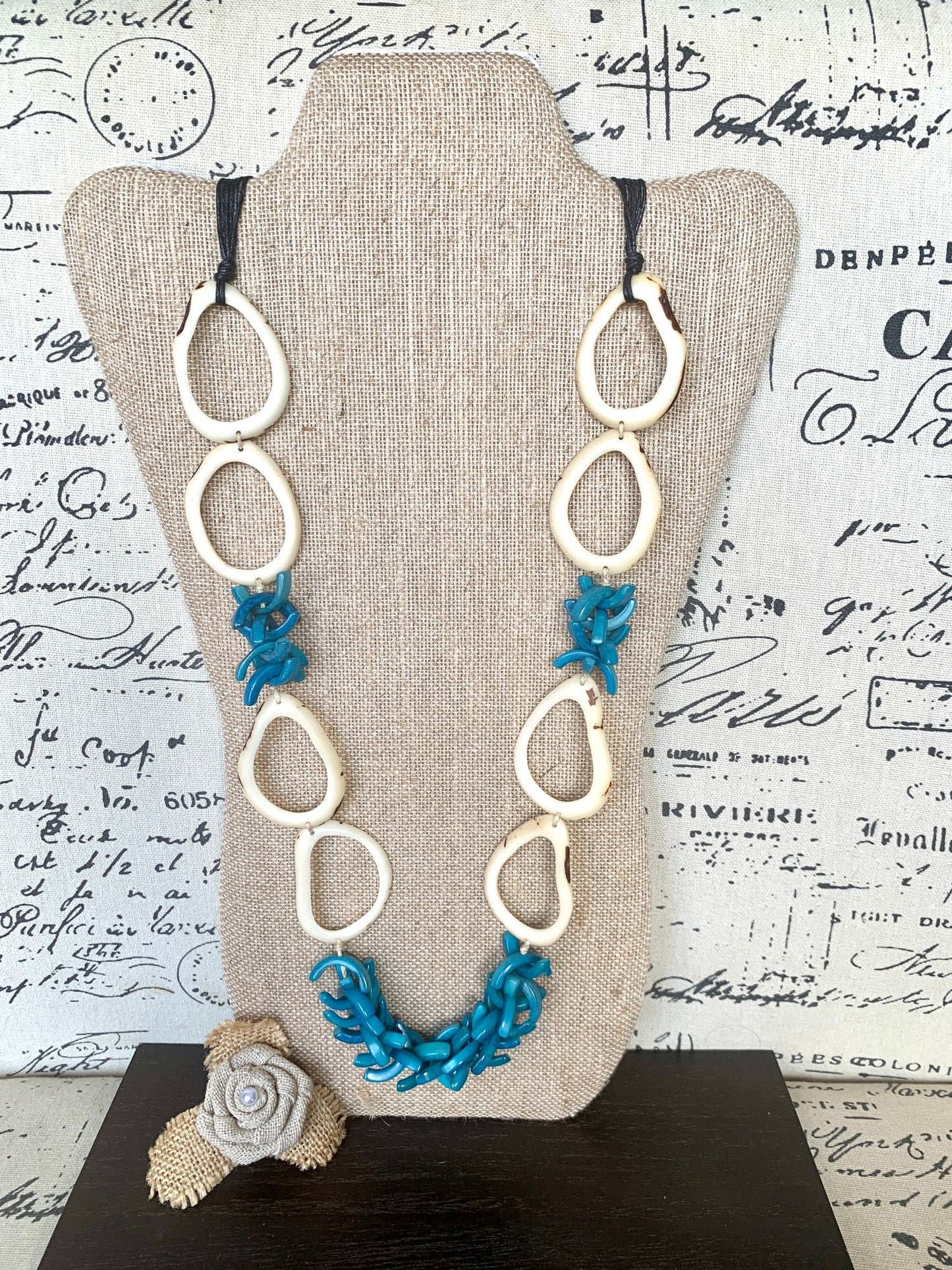 White and blue extra long Tagua necklace Spring style Statement lightweight jewelry Anniversary gift for wife Mothers day gift Easter outfit