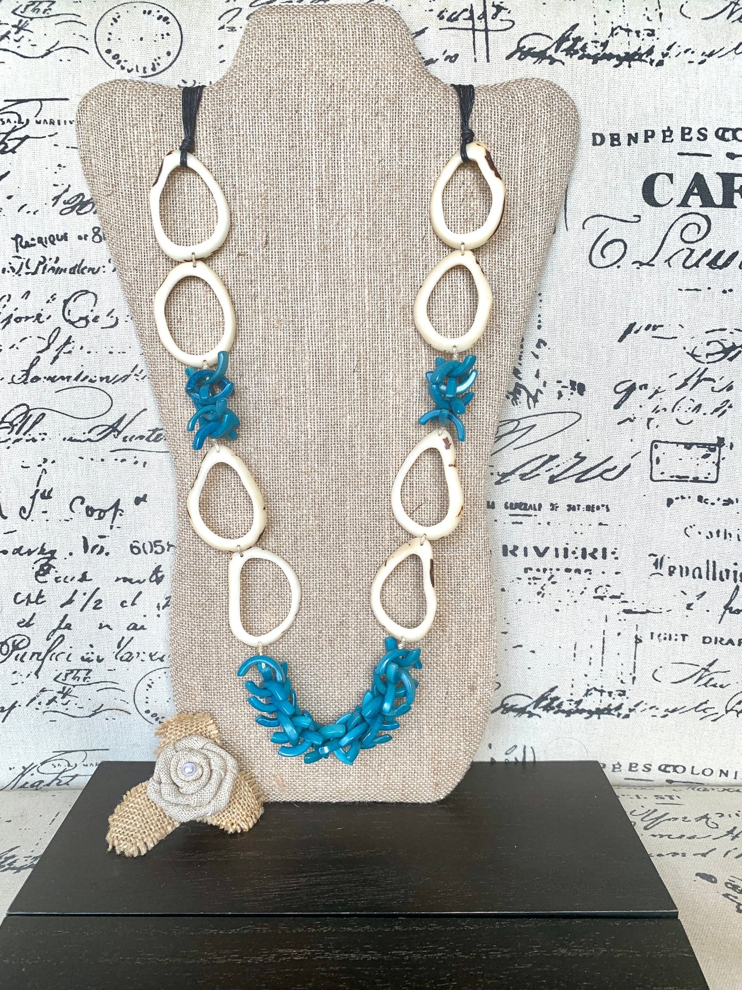 White and blue extra long Tagua necklace Spring style Statement lightweight jewelry Anniversary gift for wife Mothers day gift Easter outfit