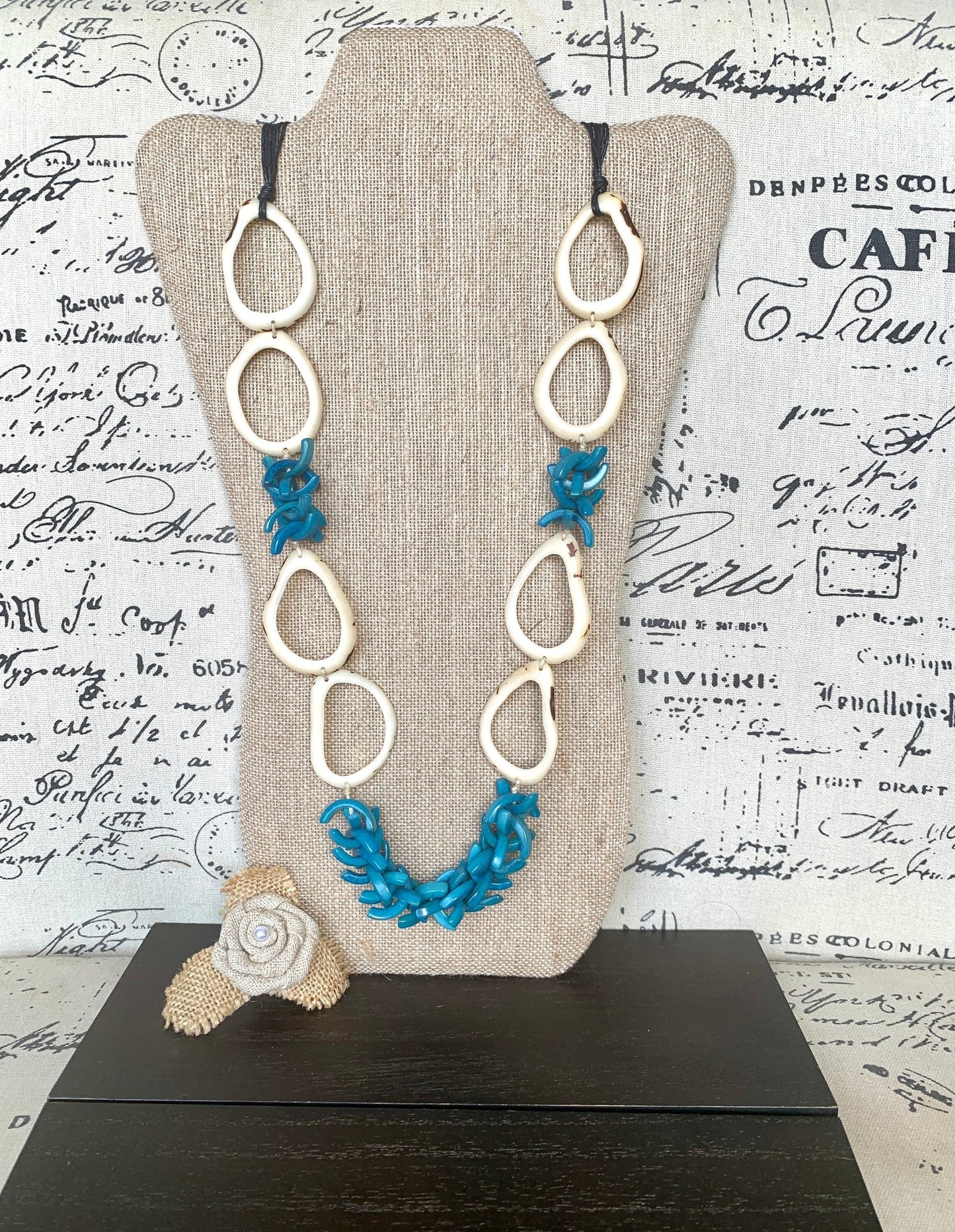 White and blue extra long Tagua necklace Spring style Statement lightweight jewelry Anniversary gift for wife Mothers day gift Easter outfit