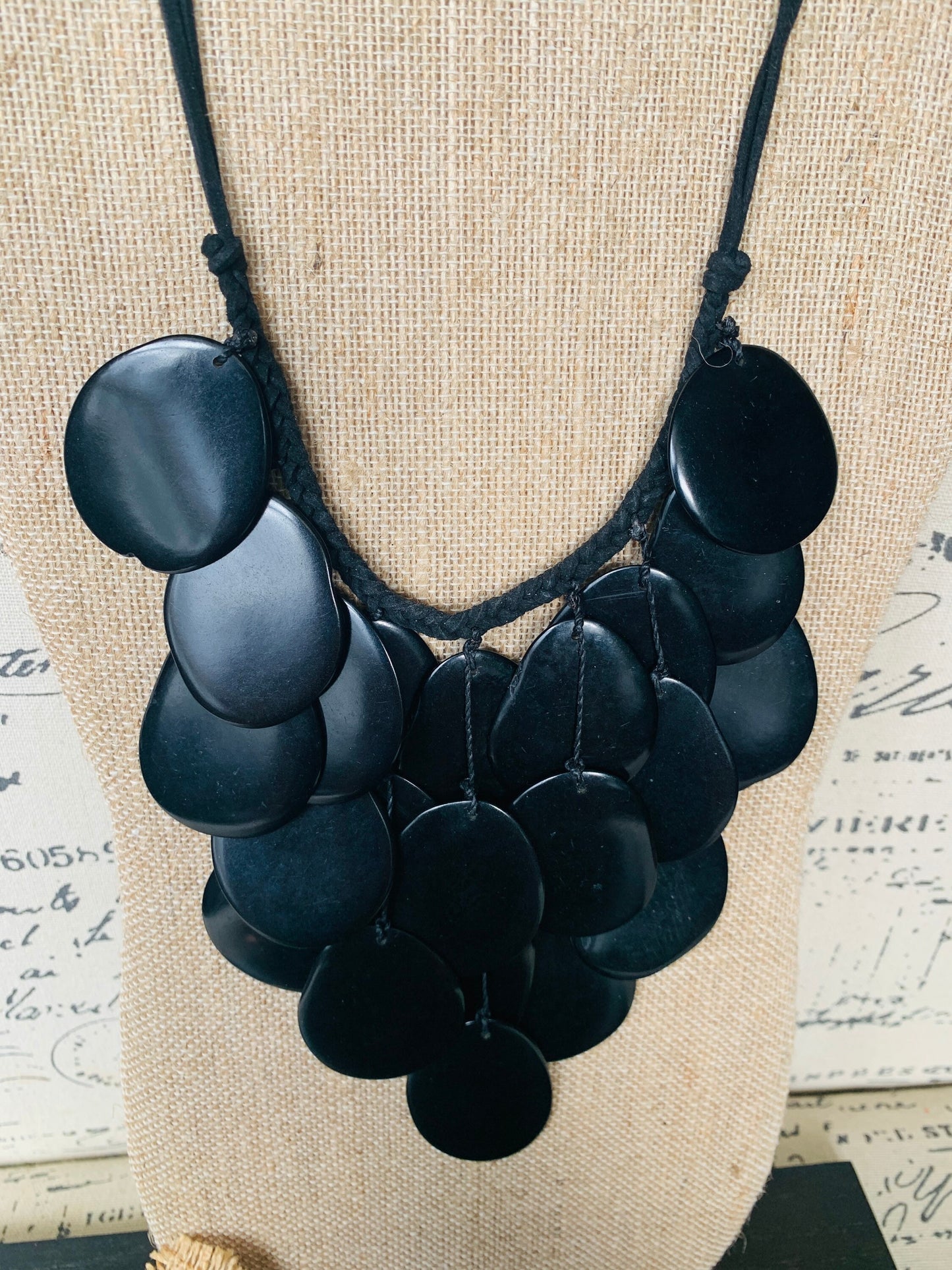 Black statement lightweight necklace Tagua jewelry Big bold chunky necklace Anniversary gift Fall trendy fashion Macrame adjustable bib