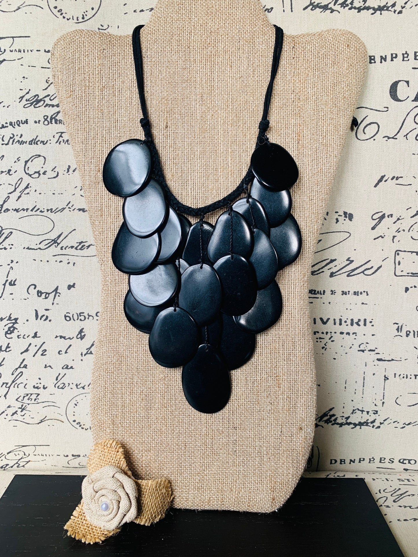 Black statement lightweight necklace Tagua jewelry Big bold chunky necklace Anniversary gift Fall trendy fashion Macrame adjustable bib