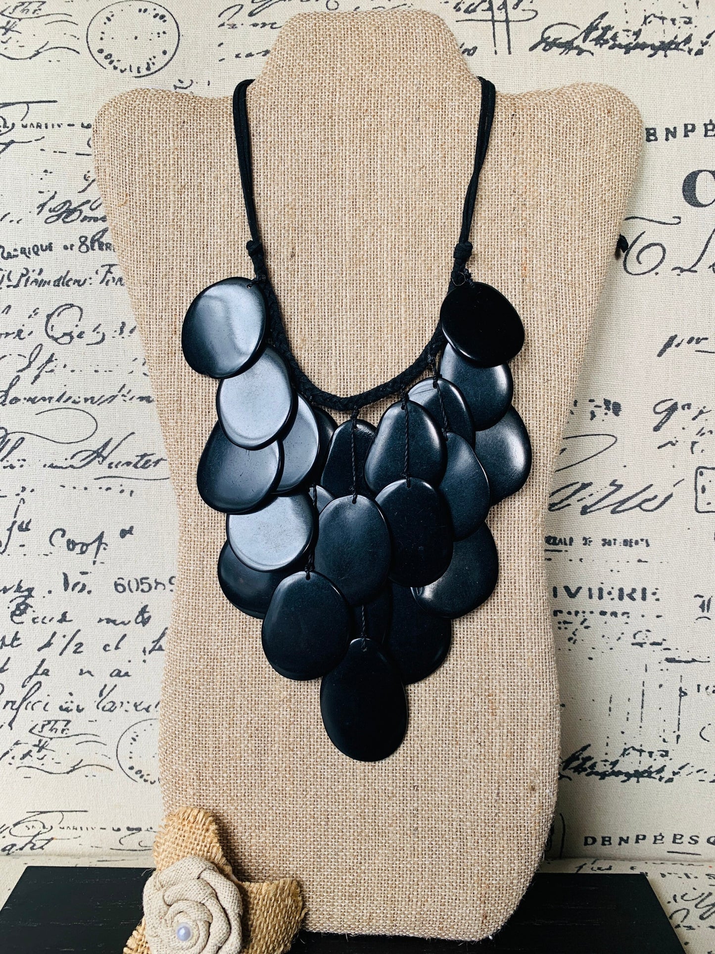 Black statement lightweight necklace Tagua jewelry Big bold chunky necklace Anniversary gift Fall trendy fashion Macrame adjustable bib