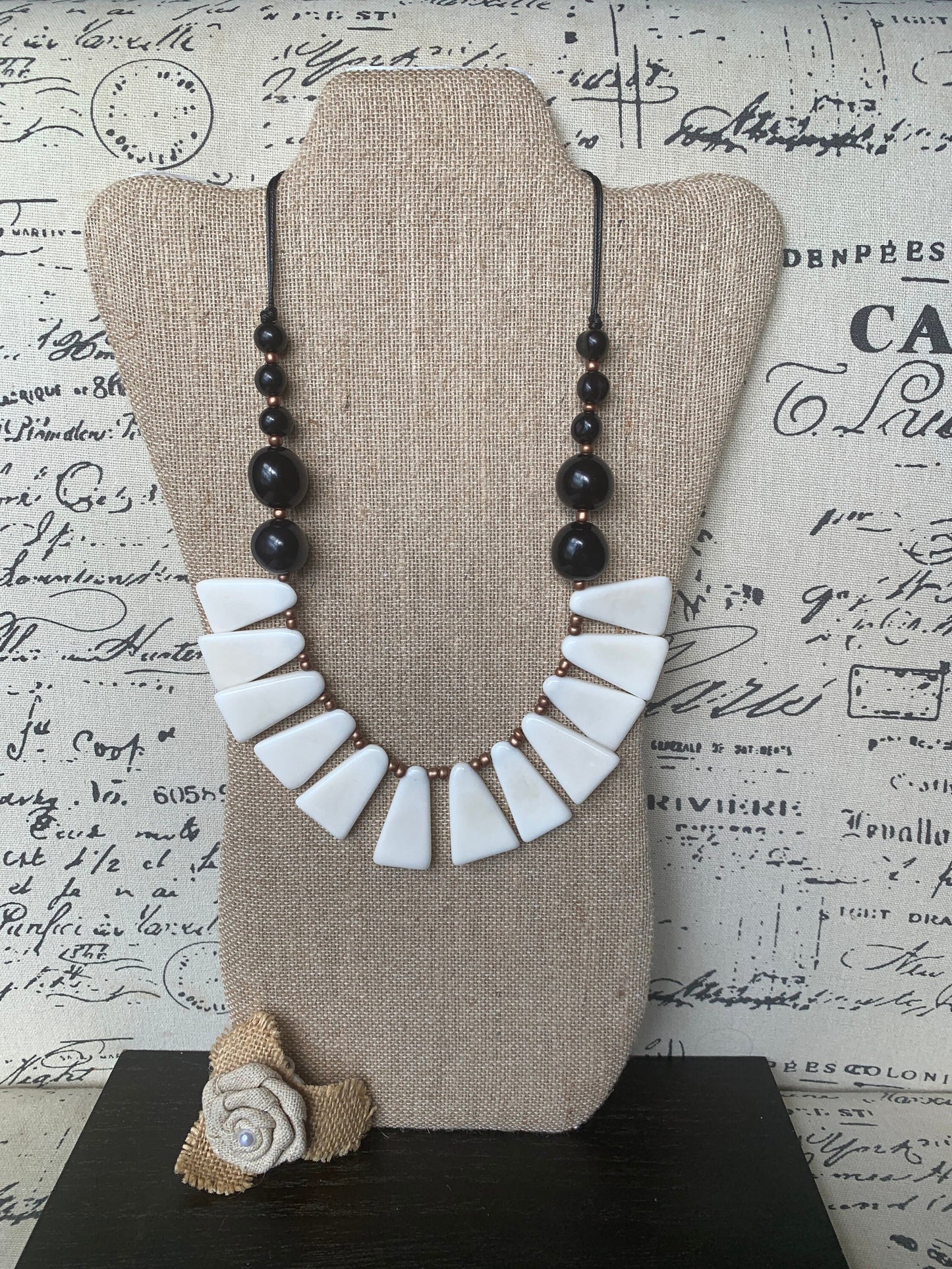 Black and white statement Tagua necklace Fall fashion 14 year Ivory Anniversary gift for wife Adjustable lightweight beaded necklace