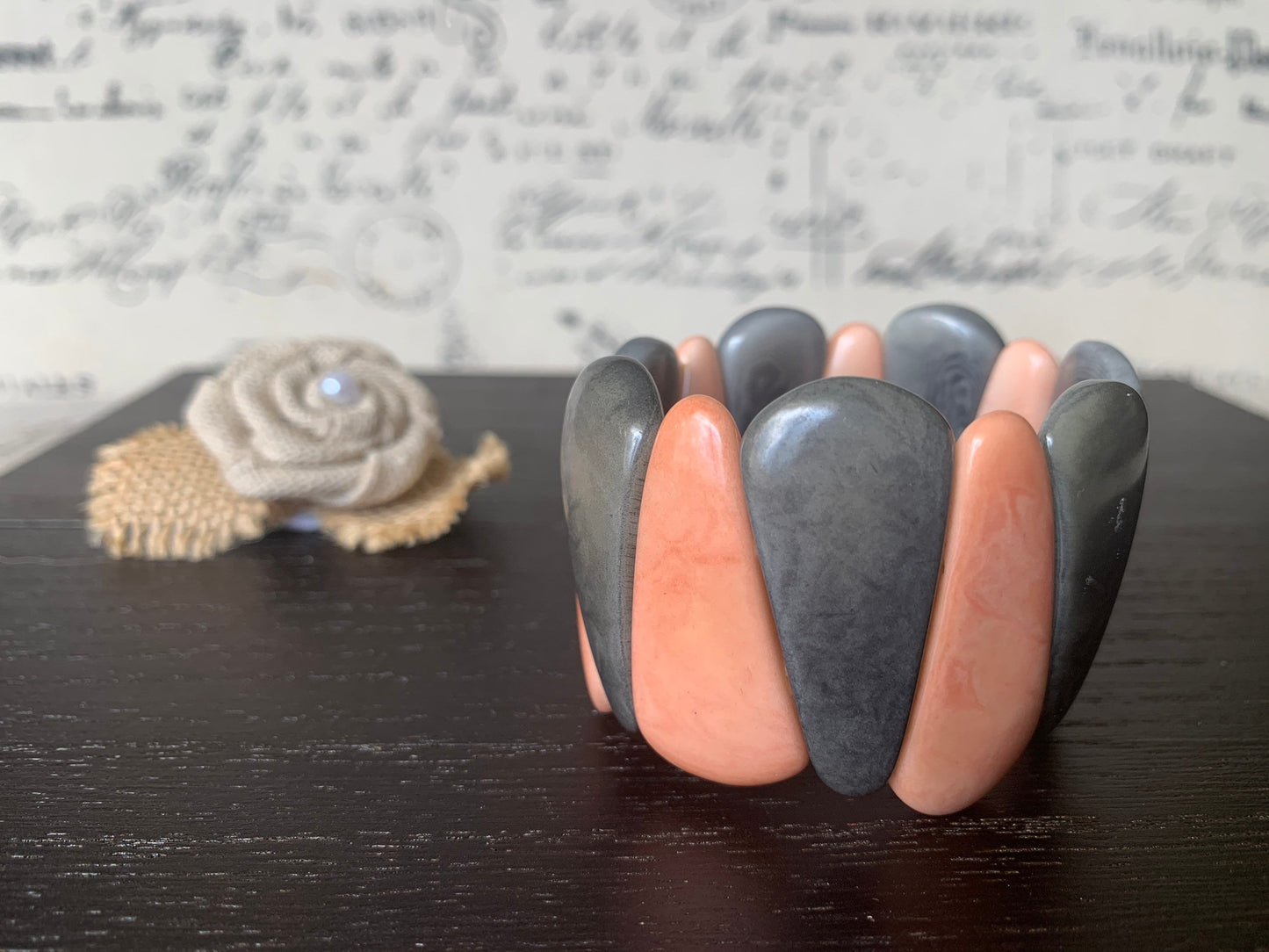 Peach and gray tagua bracelet Fall fashion trends Resort wear Spring beaded stretch bangle Statement teardrop bracelet Elastic bangle