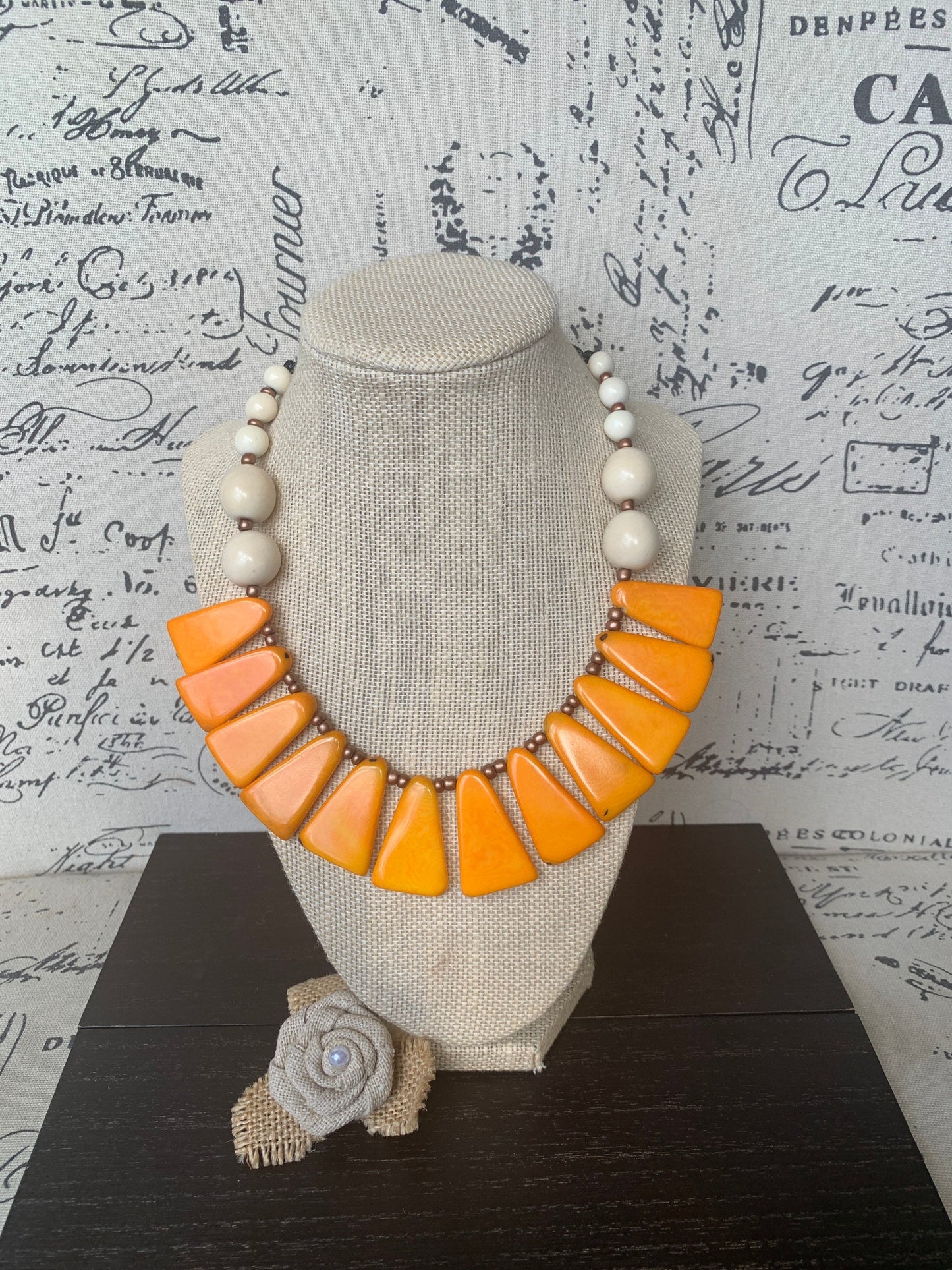 Mustard yellow and white statement Tagua nut necklace Fall fashion trends Holidays style Adjustable lightweight beaded necklace Gift for mom