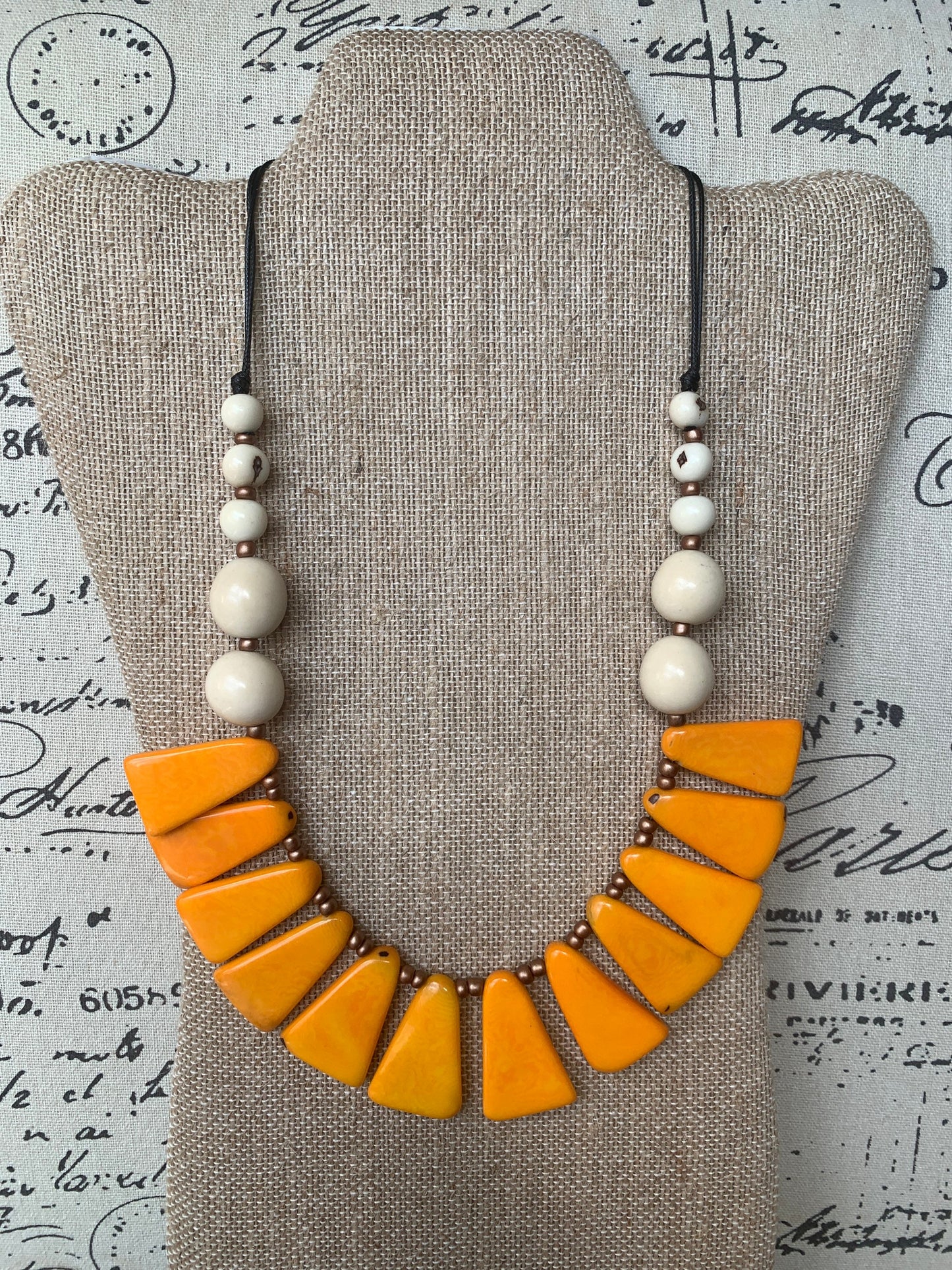 Mustard yellow and white statement Tagua nut necklace Fall fashion trends Holidays style Adjustable lightweight beaded necklace Gift for mom