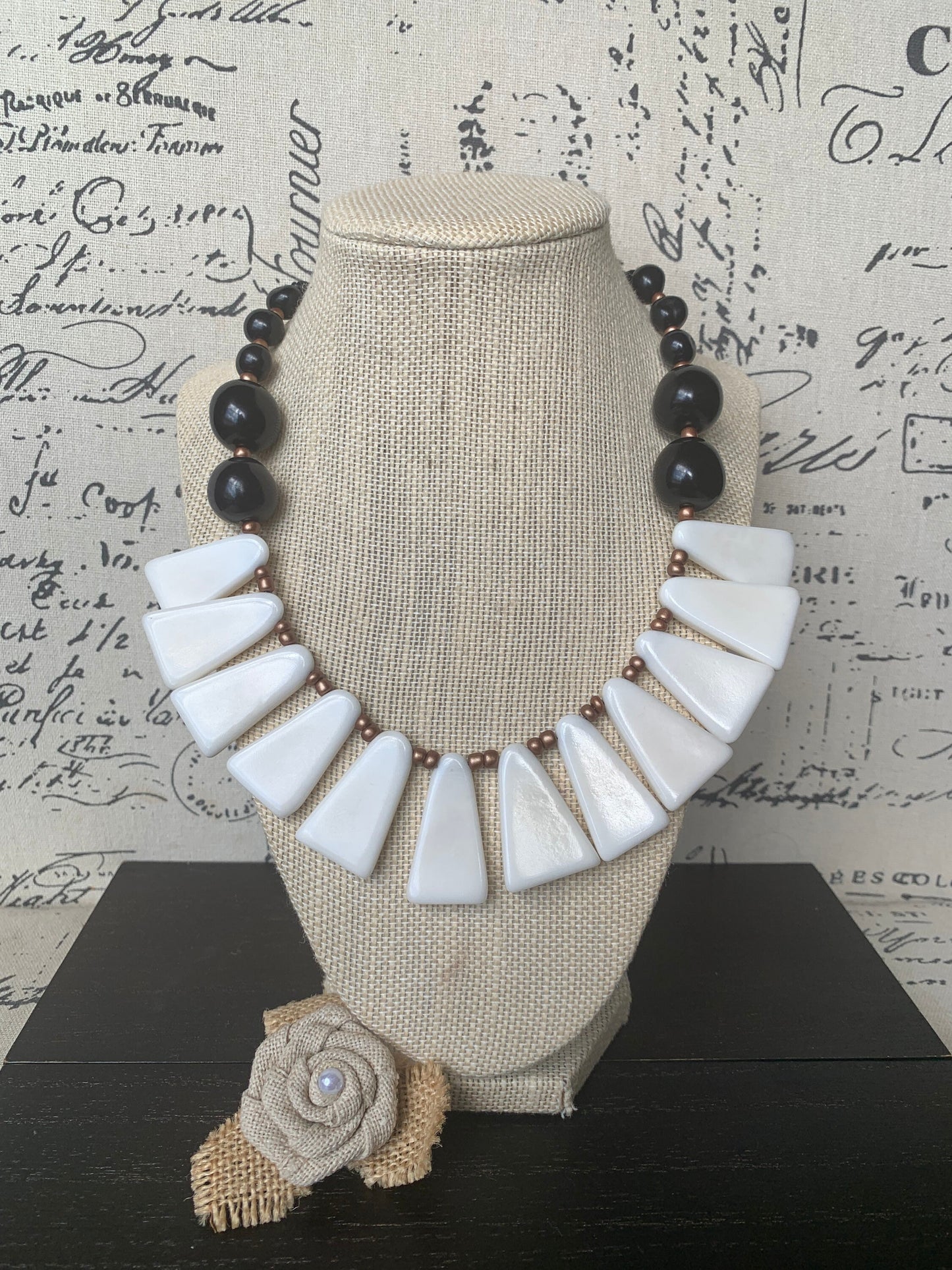 Black and white statement Tagua necklace Fall fashion 14 year Ivory Anniversary gift for wife Adjustable lightweight beaded necklace