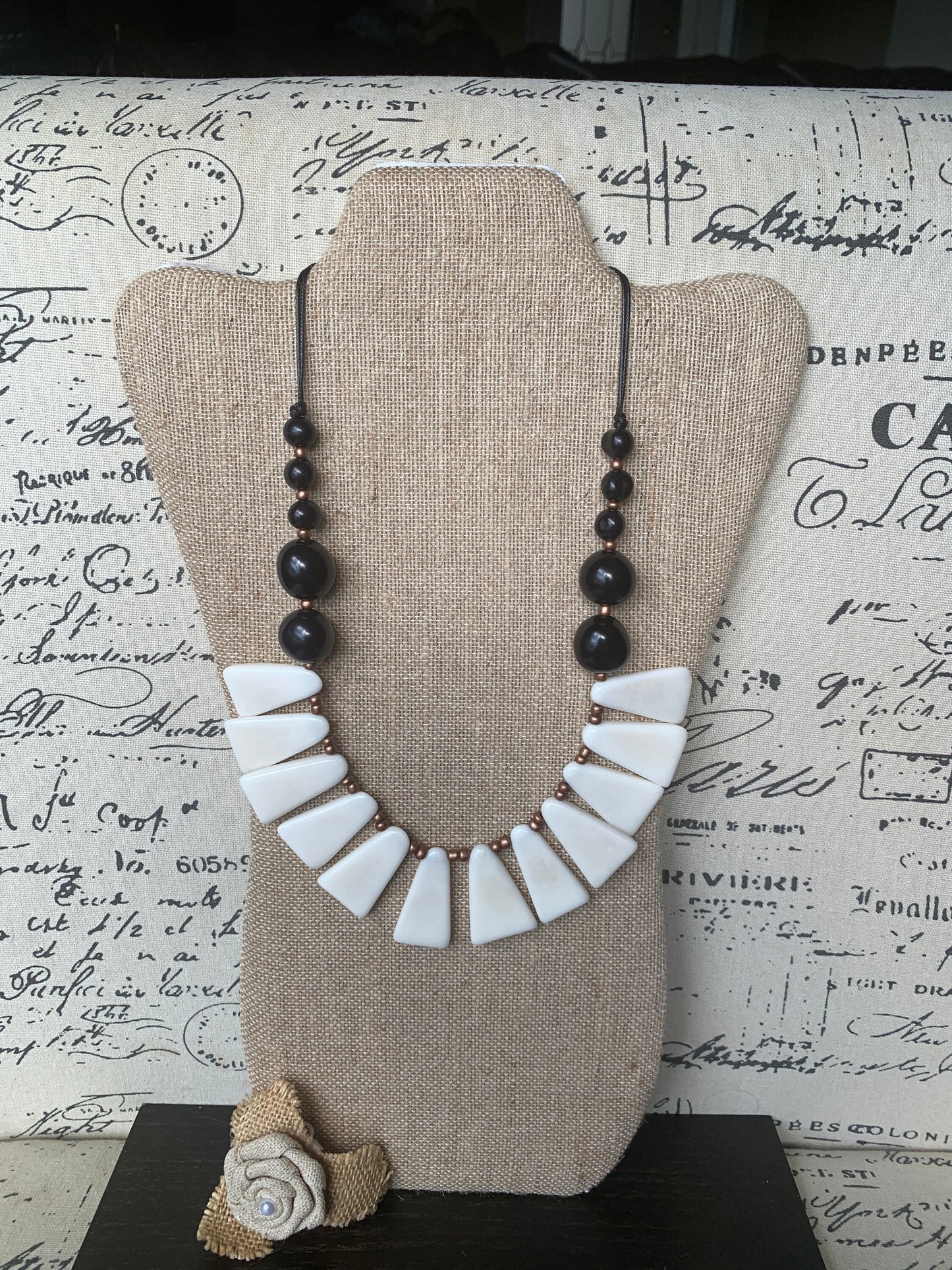 Black and white statement Tagua necklace Fall fashion 14 year Ivory Anniversary gift for wife Adjustable lightweight beaded necklace
