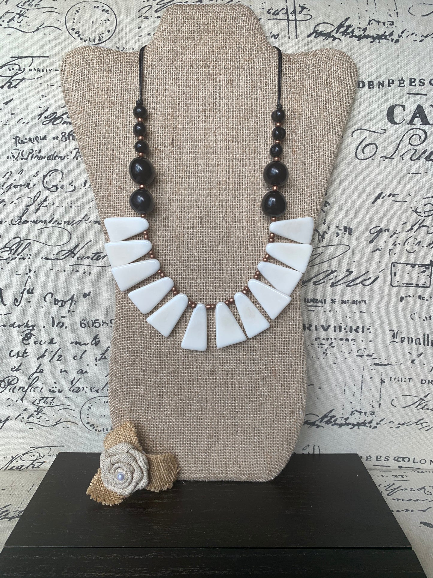Black and white statement Tagua necklace Fall fashion 14 year Ivory Anniversary gift for wife Adjustable lightweight beaded necklace