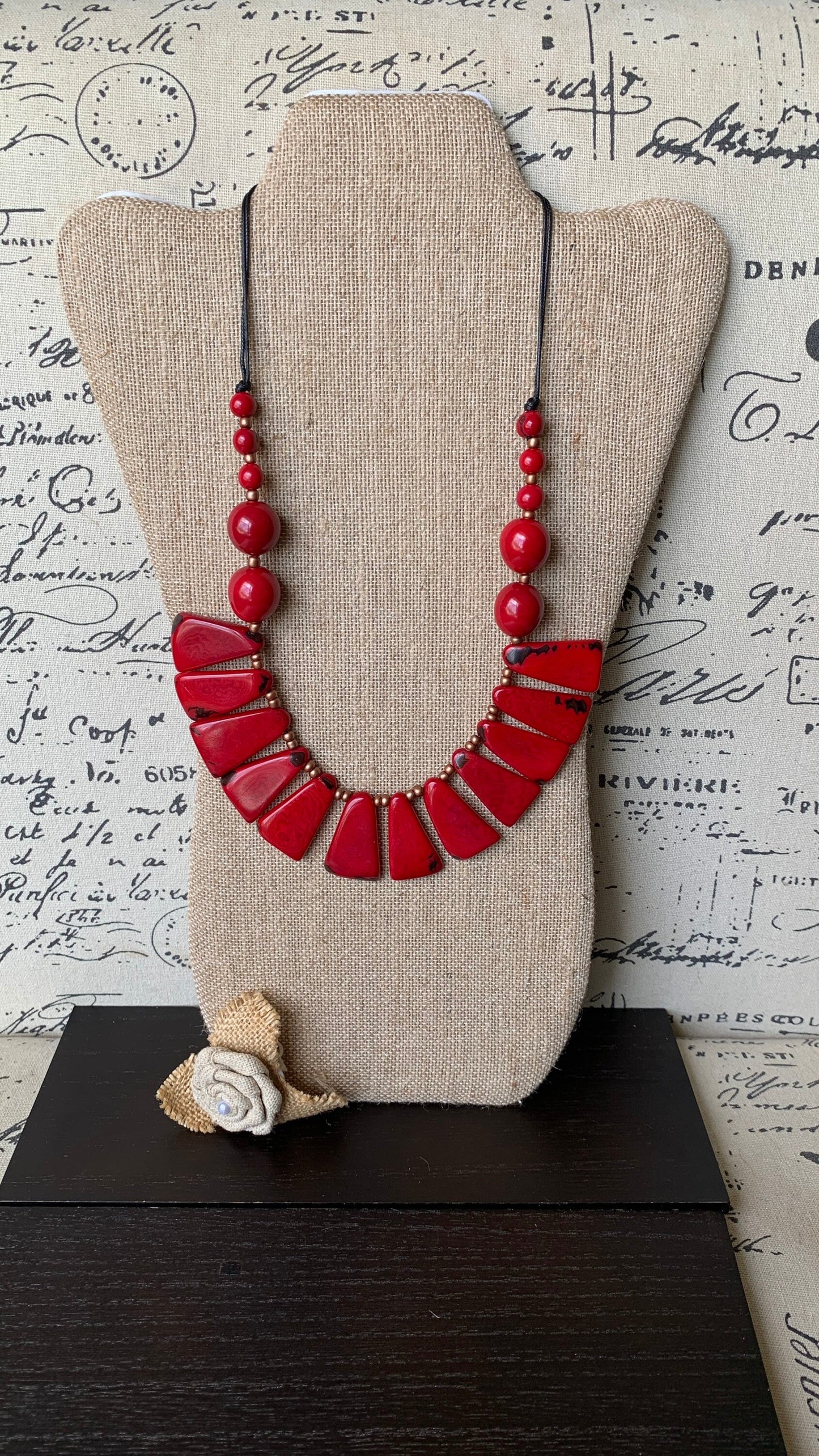 Red statement necklace Tagua jewelry Holidays fashion Adjustable lightweight beaded necklace Anniversary present Christmas gifts for mom
