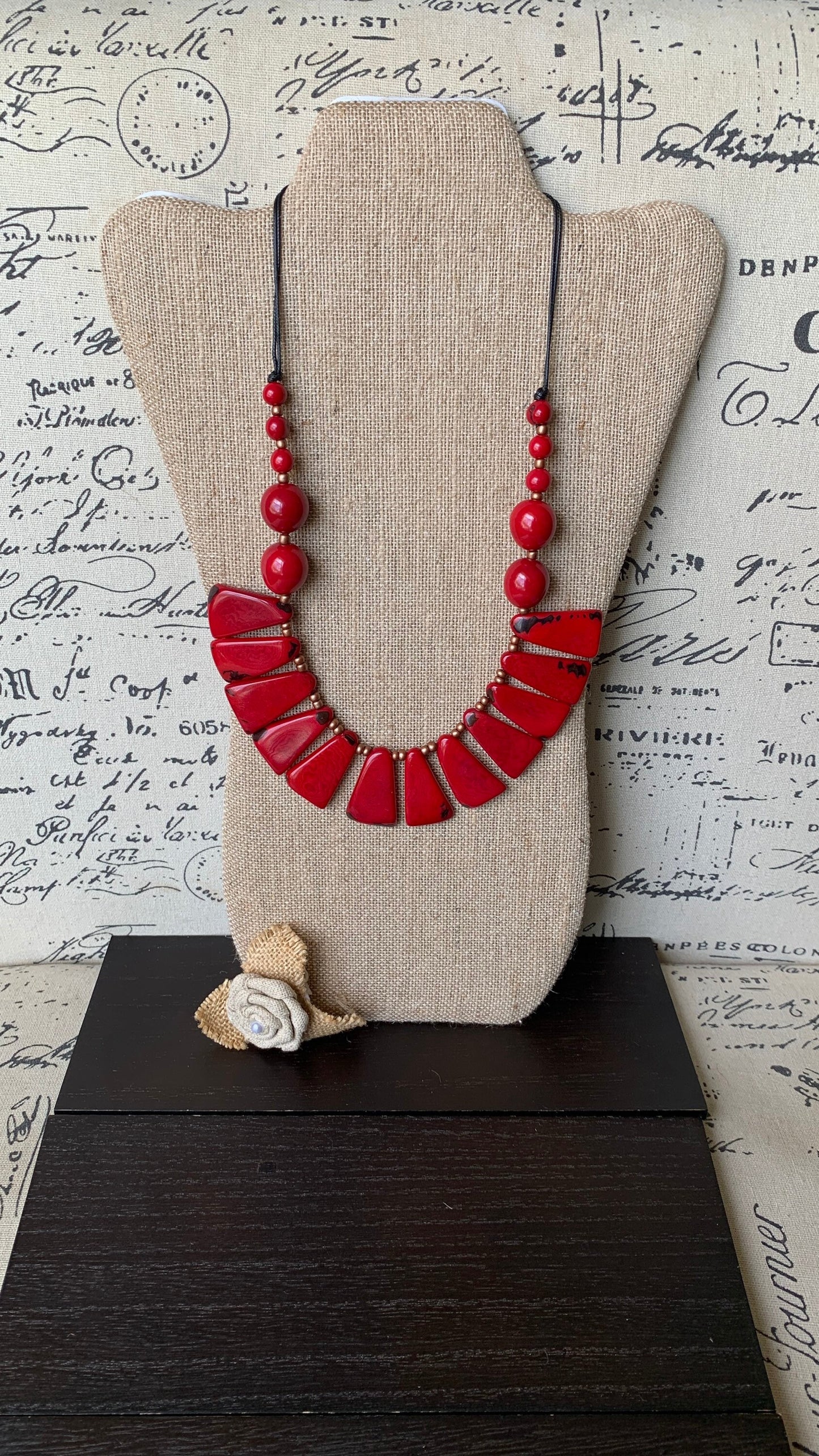 Red statement necklace Tagua jewelry Holidays fashion Adjustable lightweight beaded necklace Anniversary present Christmas gifts for mom