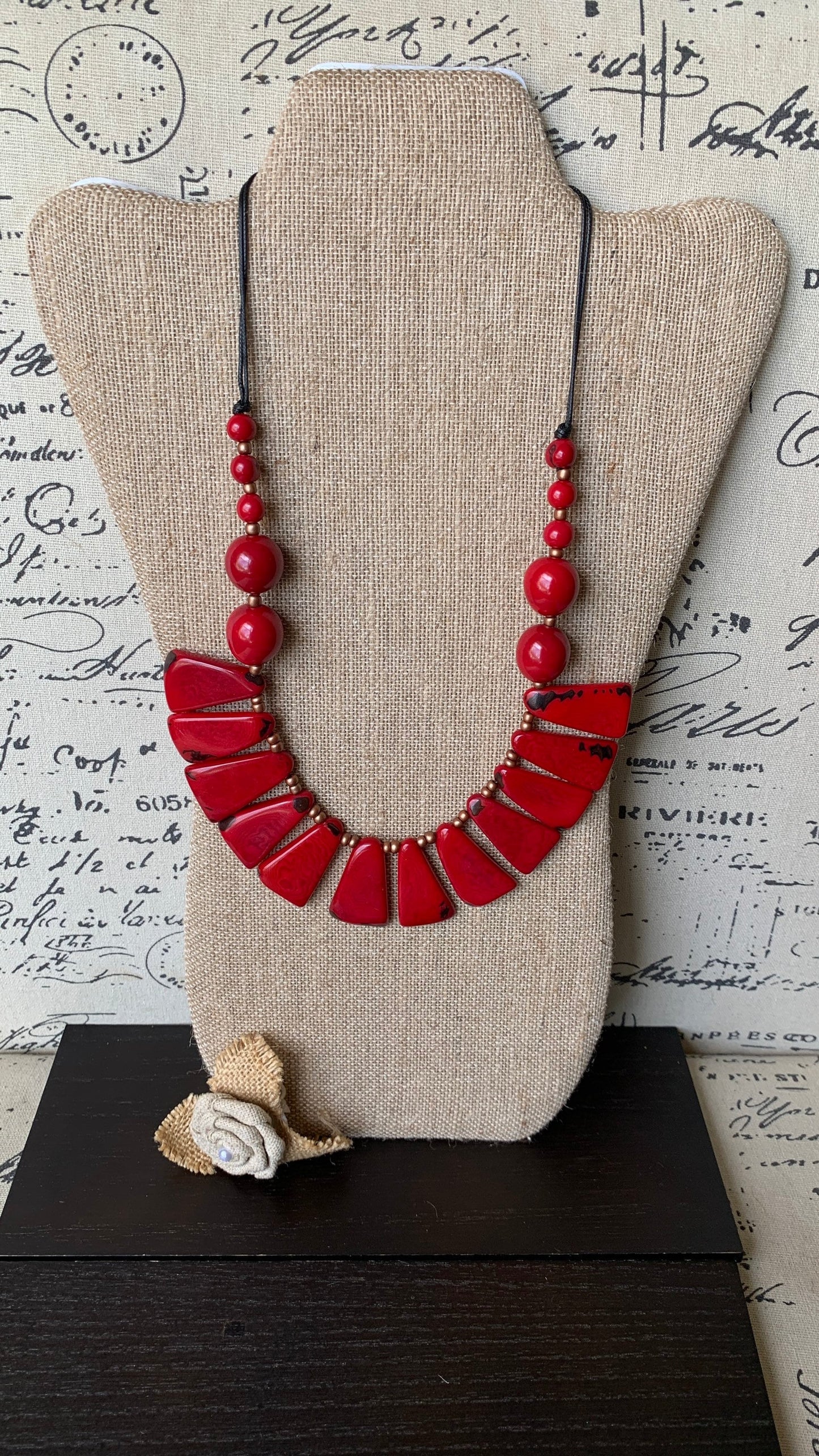Red statement necklace Tagua jewelry Holidays fashion Adjustable lightweight beaded necklace Anniversary present Christmas gifts for mom