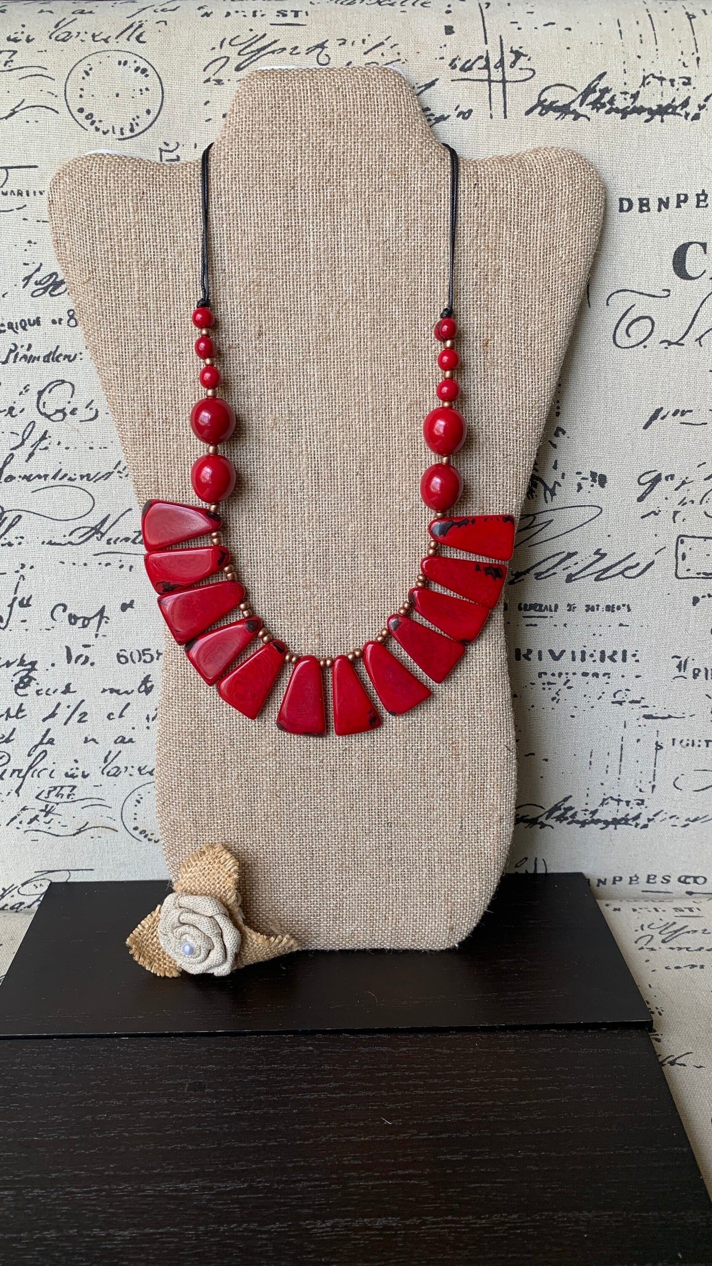 Red statement necklace Tagua jewelry Holidays fashion Adjustable lightweight beaded necklace Anniversary present Christmas gifts for mom