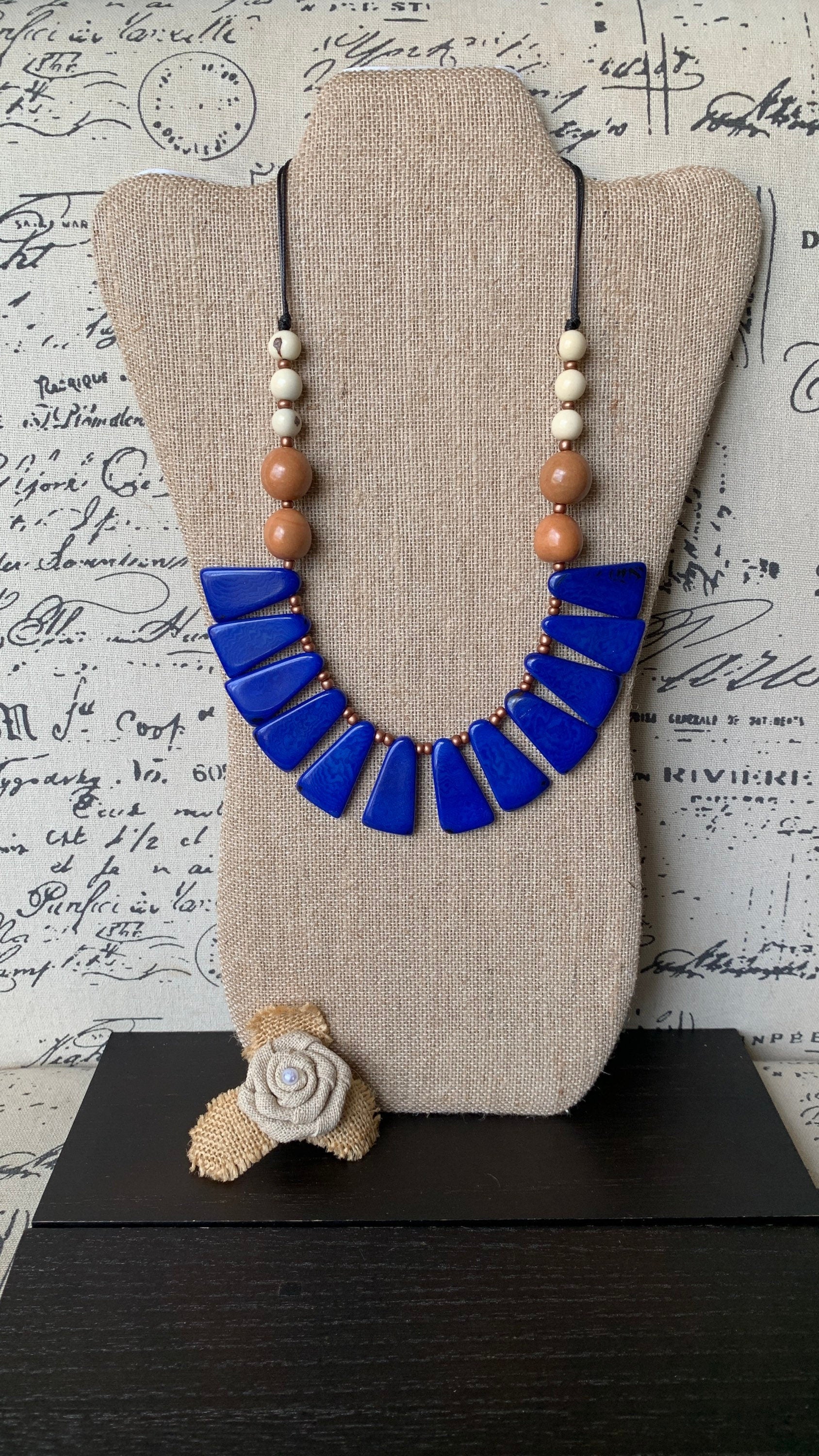 Blue statement Christmas gift Tagua necklace Spring fashion Adjustable lightweight beaded necklace Anniversary present Easter style trends